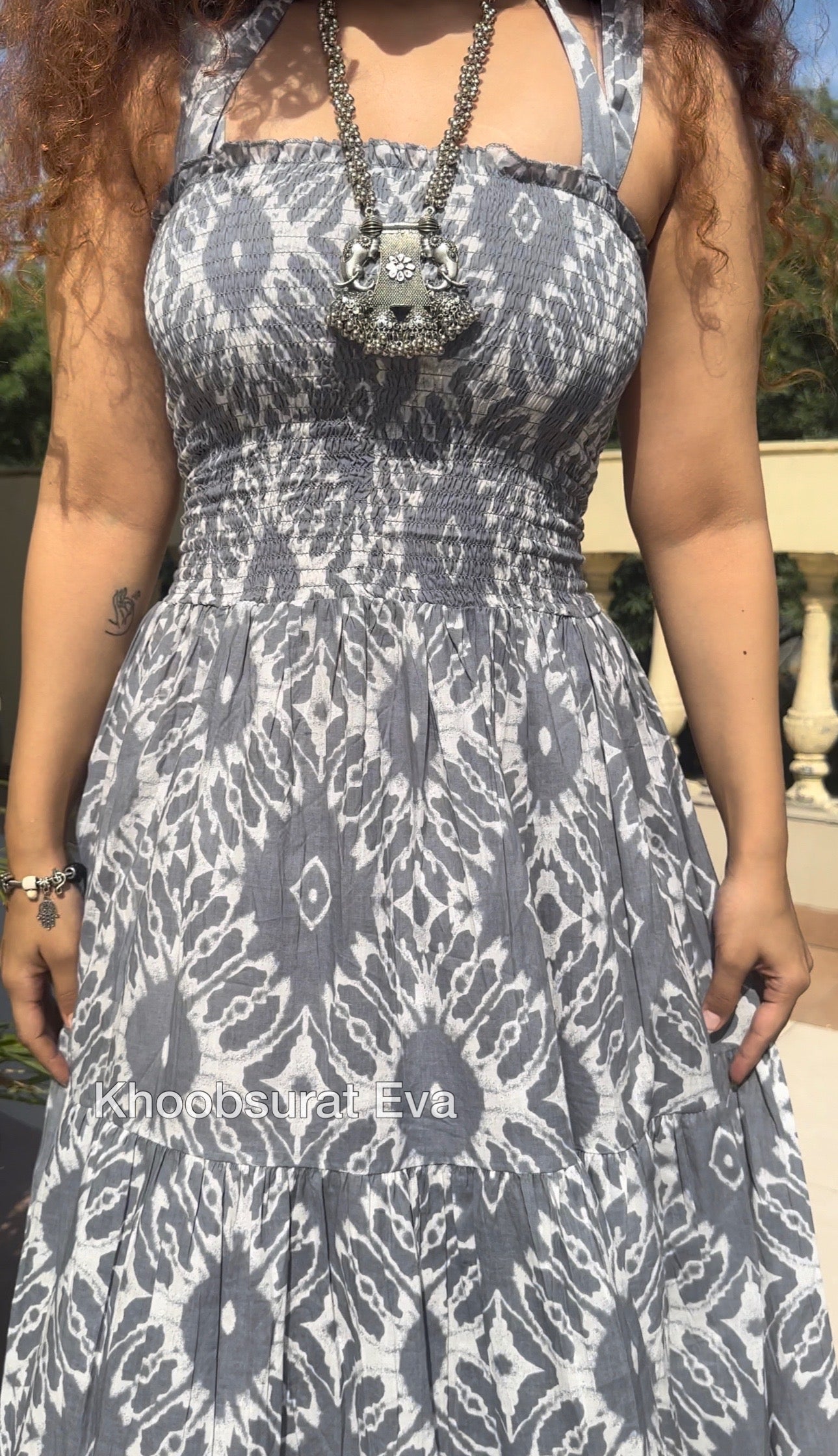 Grey Cotton Tiered Maxi Dress for Women - Flowy Summer Beach Dress, Casual Boho Chic Outfit for Vacations & Outdoor Events