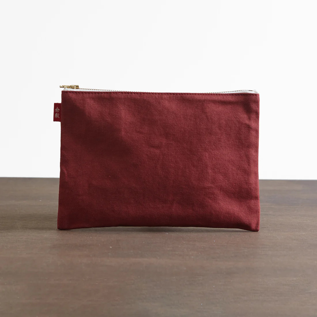 Kurashiki Hampu Canvas Flat Pouch - L Size Iron Oxide Red | Japanese Vintage Style Zippered Pouch for Travel, Makeup, Stationery & Everyday Essentials