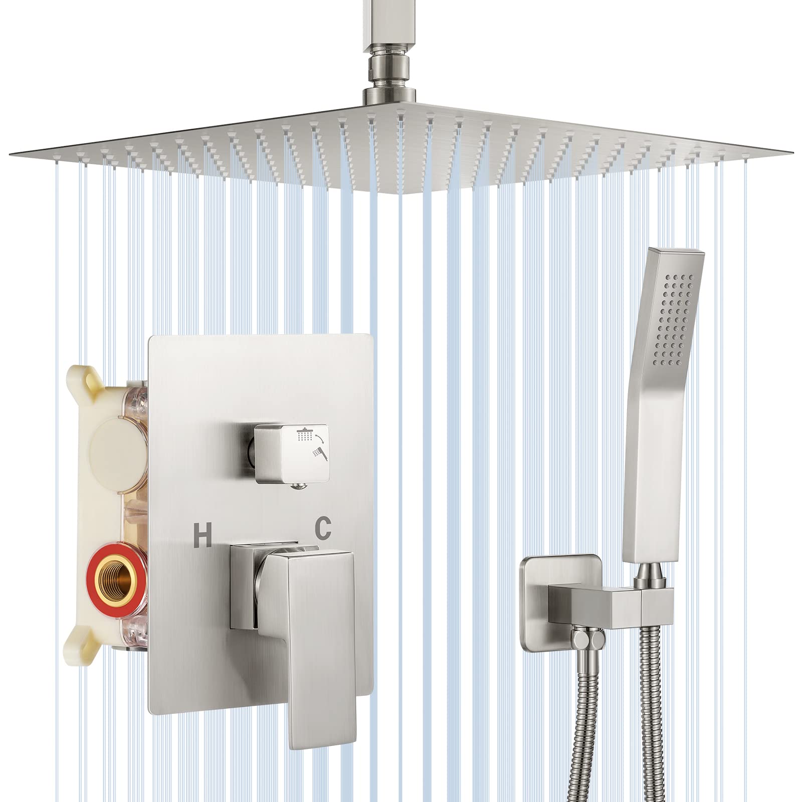 12 Inch Brushed Nickel High Pressure Shower Head System - Rain & Handheld Combo with Ceiling Mount, Rough-in Valve & Trim Kit | Perfect for Luxury Bathroom Renovation & Spa-like Shower Experience
