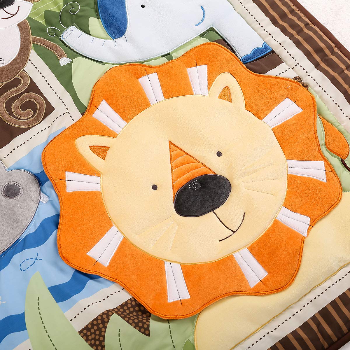 4-Piece Lion King Nursery Crib Bedding Set - Brown Lion, Giraffe & Elephant Theme - 1 Quilt, 1 Bed Skirt, 2 Fitted Sheets - Perfect for Baby Shower Gifts & Jungle-Themed Nursery Decor