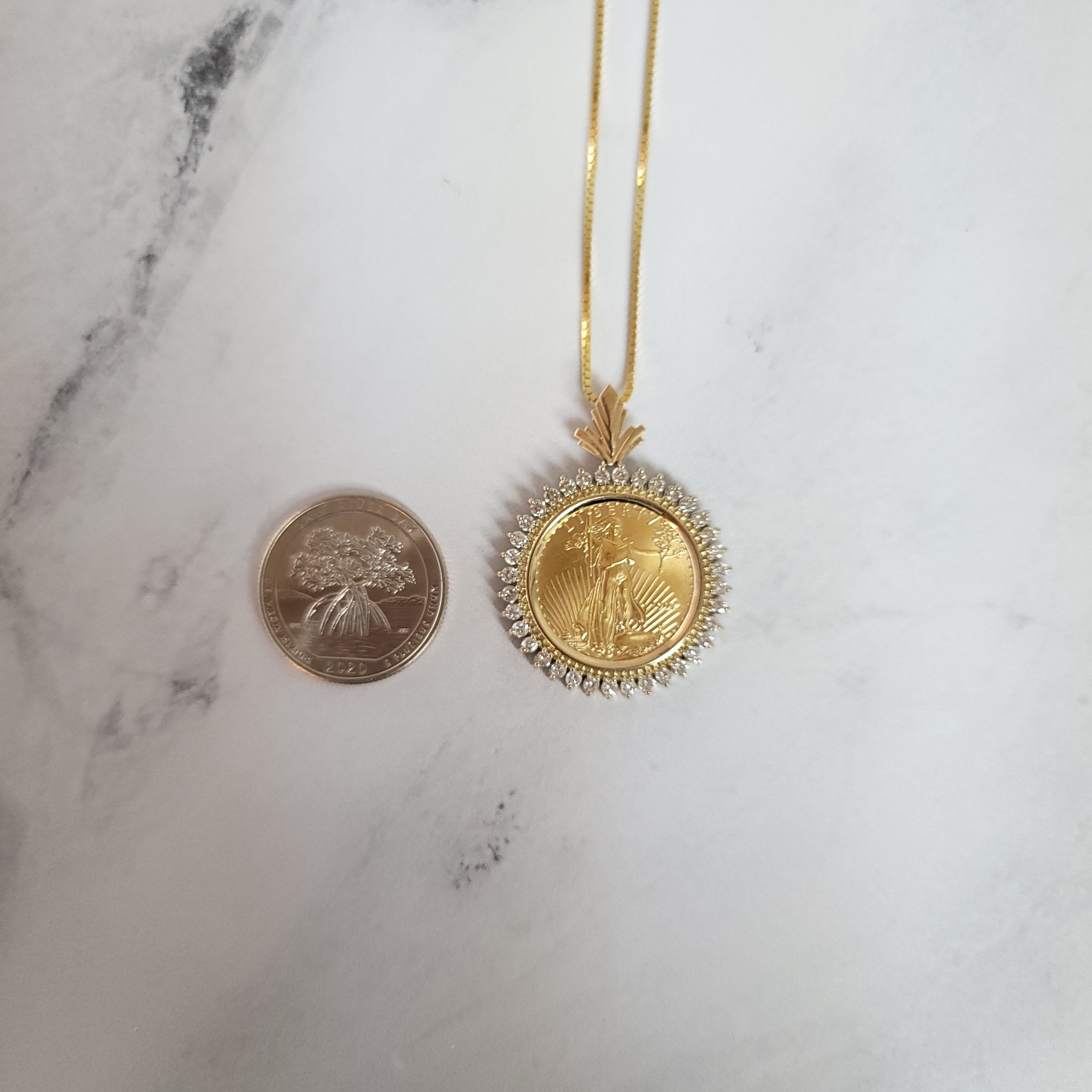 1/4 oz Fine Gold Lady Liberty Medallion with Diamond Halo Necklace - Elegant Jewelry Gift for Women, Perfect for Anniversaries, Birthdays & Special Occasions