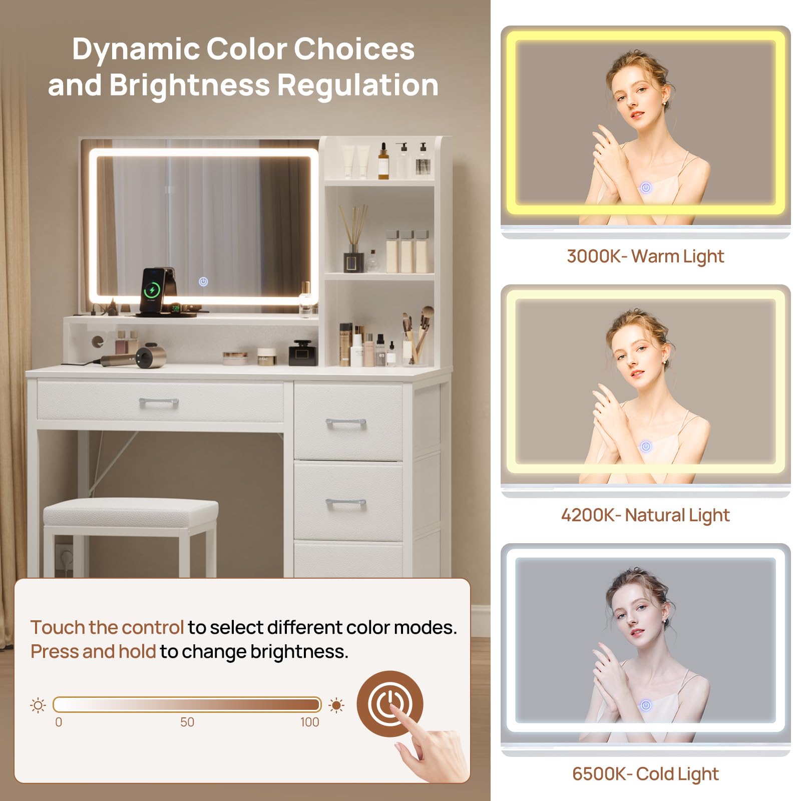 Rolanstar White Vanity Desk Set with Mirror, LED Lights & Stool - 4 Drawers, Power Outlets, Storage Compartments - Modern Dressing Table for Makeup, Skincare & Bedroom Organization (Perfect for Small Spaces & Beauty Routines)