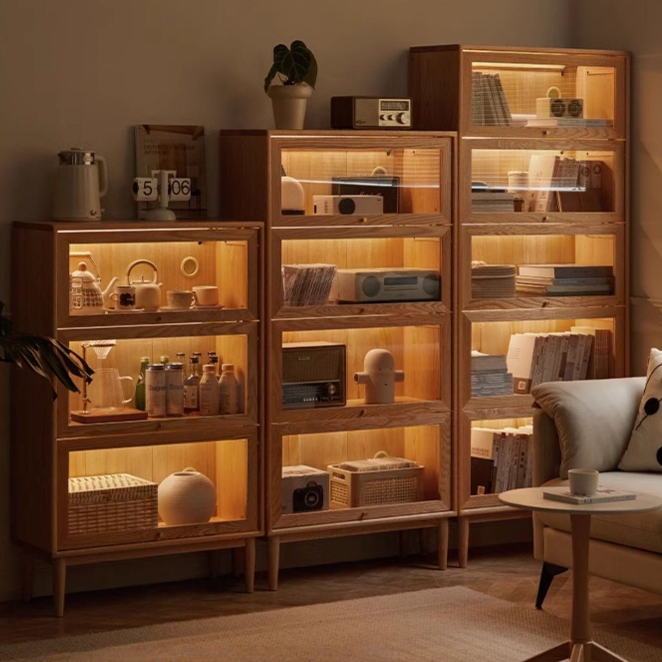 Premium Oak Solid Wood Multi-Layer Flip Door Glass Bookcase - Stylish Home Office Library Storage for Books, Decor & Collectibles