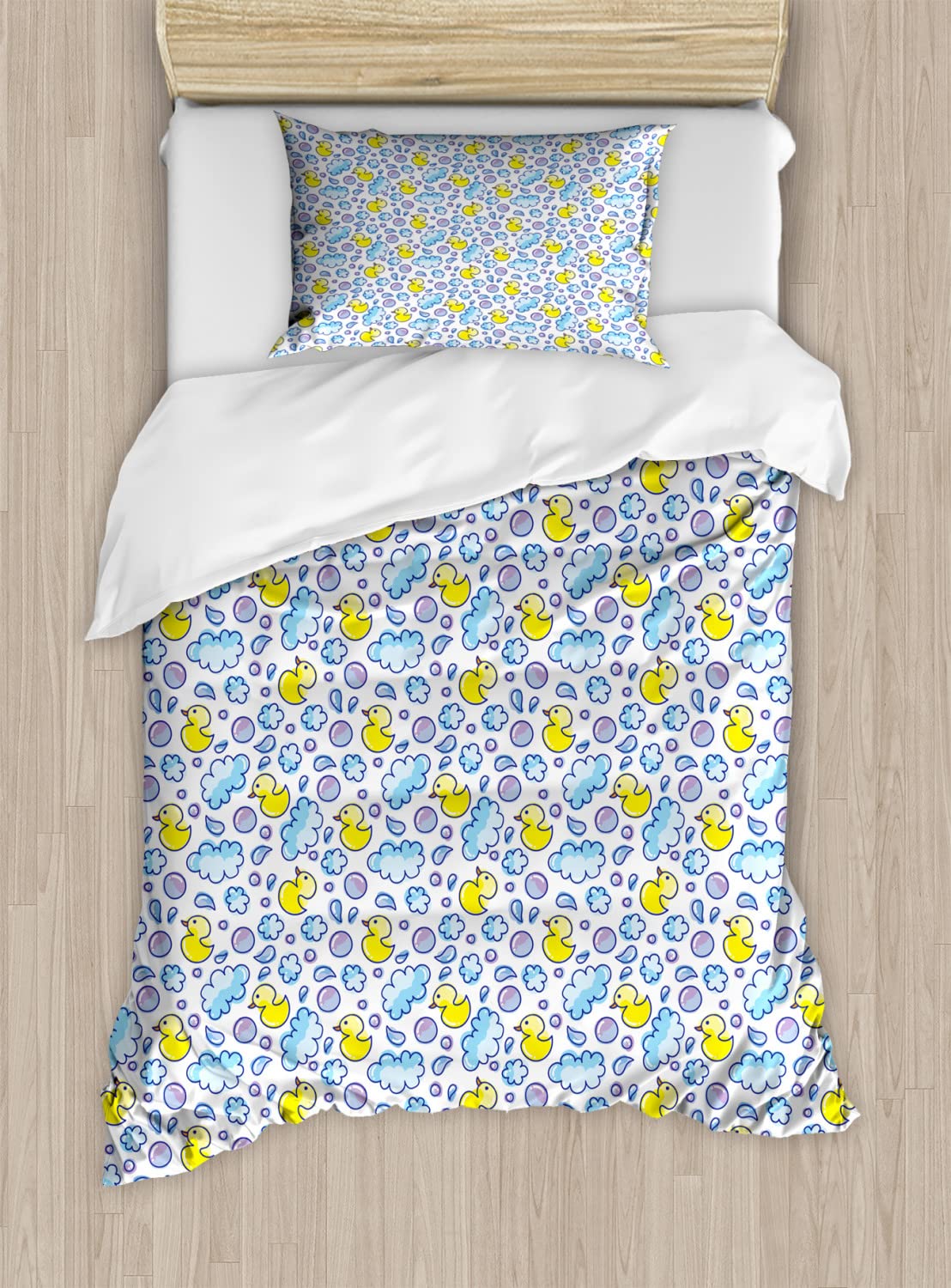 Ambesonne Cartoon Duvet Cover Set - Queen Size 2-Pack with Watercolor Bubbles, Droplets & Funny Duck Pattern | Includes 2 Duvet Covers & 4 Pillowcases in Yellow, Lilac & Blue | Perfect for Kids' Rooms, Guest Bedrooms & Whimsical Home Decor