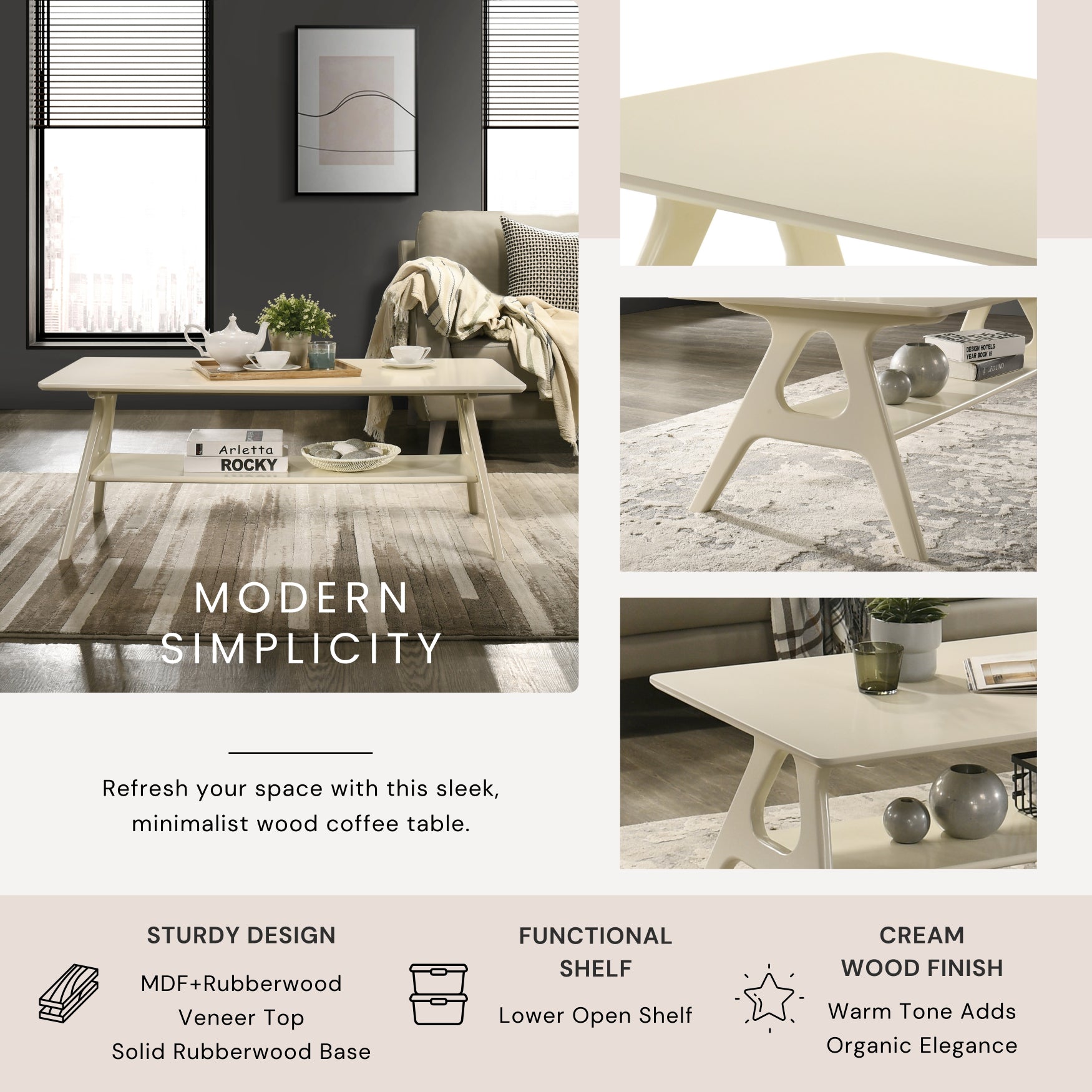 Roundhill Furniture Arona 3-Piece Coffee Table Set - Modern Coffee Table with 2 Matching End Tables for Living Room, Lounge & Home Decor