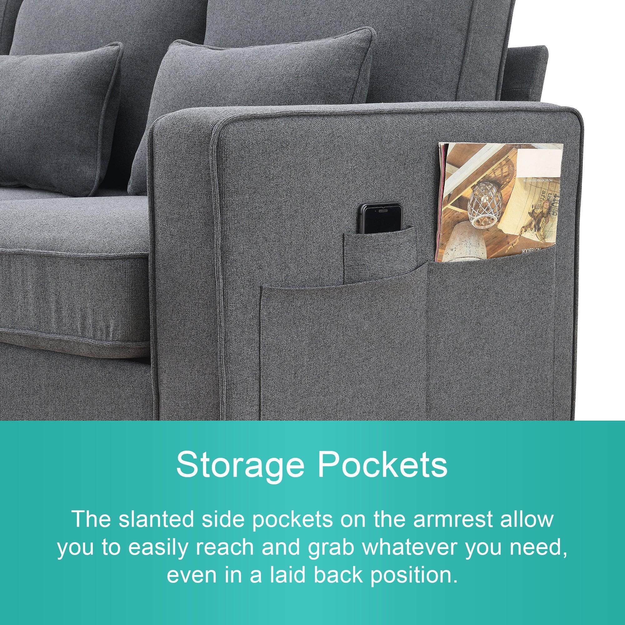 Modern 4-Seater Linen Fabric Sofa with Armrest Storage Pockets & 4 Throw Pillows - Minimalist Living Room Couch for Small Spaces, Apartments and Cozy Home Decor