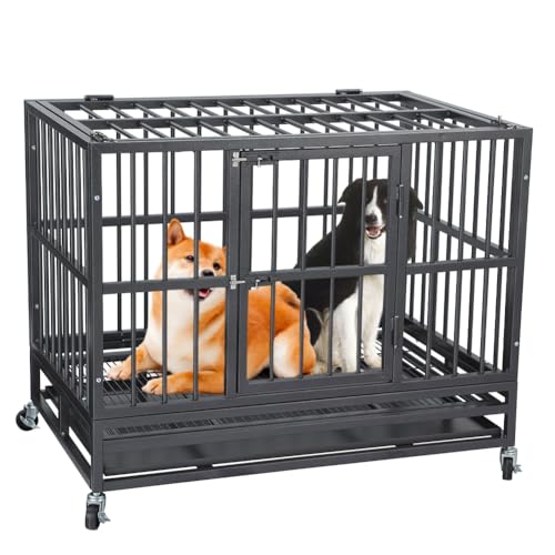 GARVEE 36 Inch Heavy Duty Indestructible Dog Crate - Escape Proof Steel Kennel with Wheels & Removable Tray for Large Dogs - Indoor Dog House for High Anxiety Pets - Perfect for Home, Travel & Vet Visits