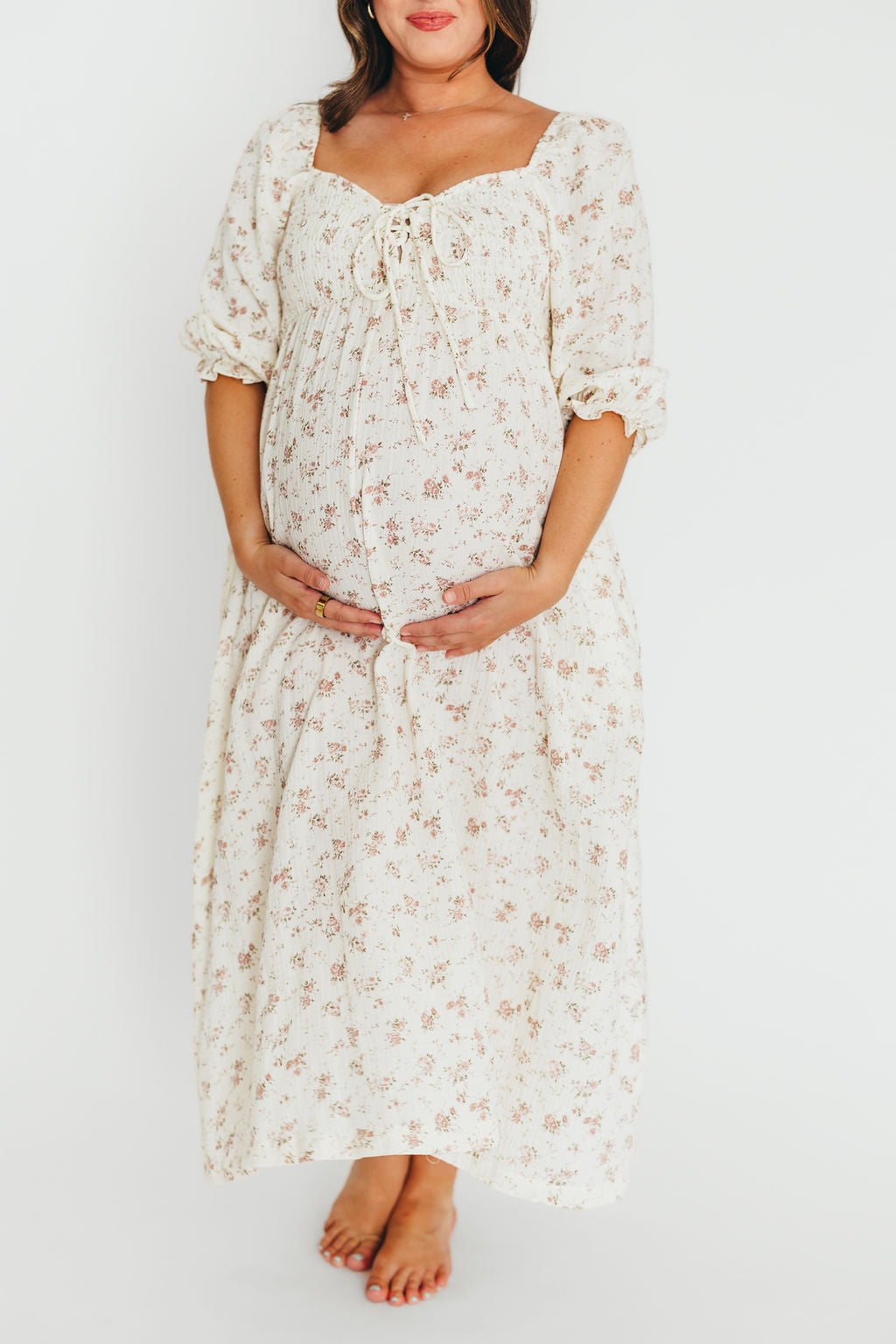100% Cotton Smocked Maxi Dress for Women - Ivory/Mauve Floral Print | Bump Friendly Maternity Dress | Perfect for Summer, Beach Vacations & Special Occasions