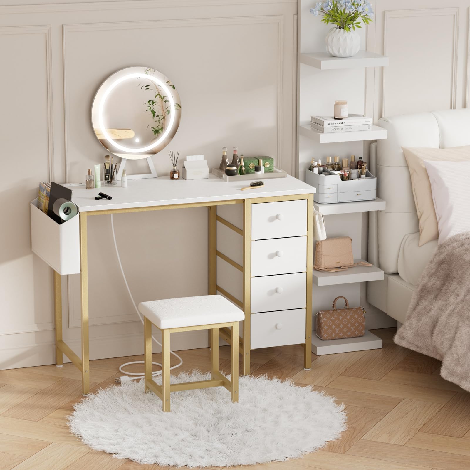 Gold Vanity Desk with Mirror and Light - Makeup Vanity Set with Chair, Storage, 4 Large Fabric Drawers & Power Outlet - Dressing Table for Girls Bedroom - Perfect for Makeup, Skincare, and Hair Styling at Home