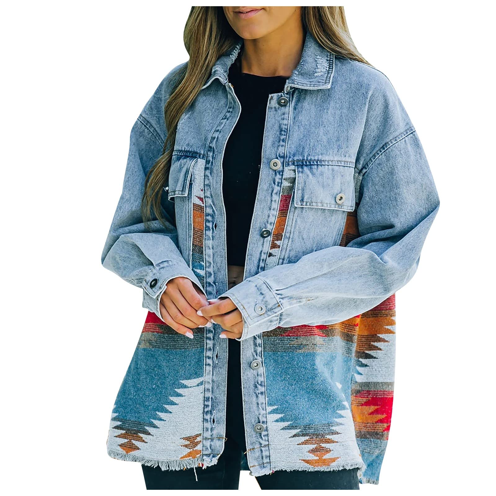 Women's Vintage Aztec Western Denim Shacket - Distressed Lapel Long Sleeve Button Down Jean Jacket | Perfect for Casual Outings, Music Festivals & Boho Chic Style