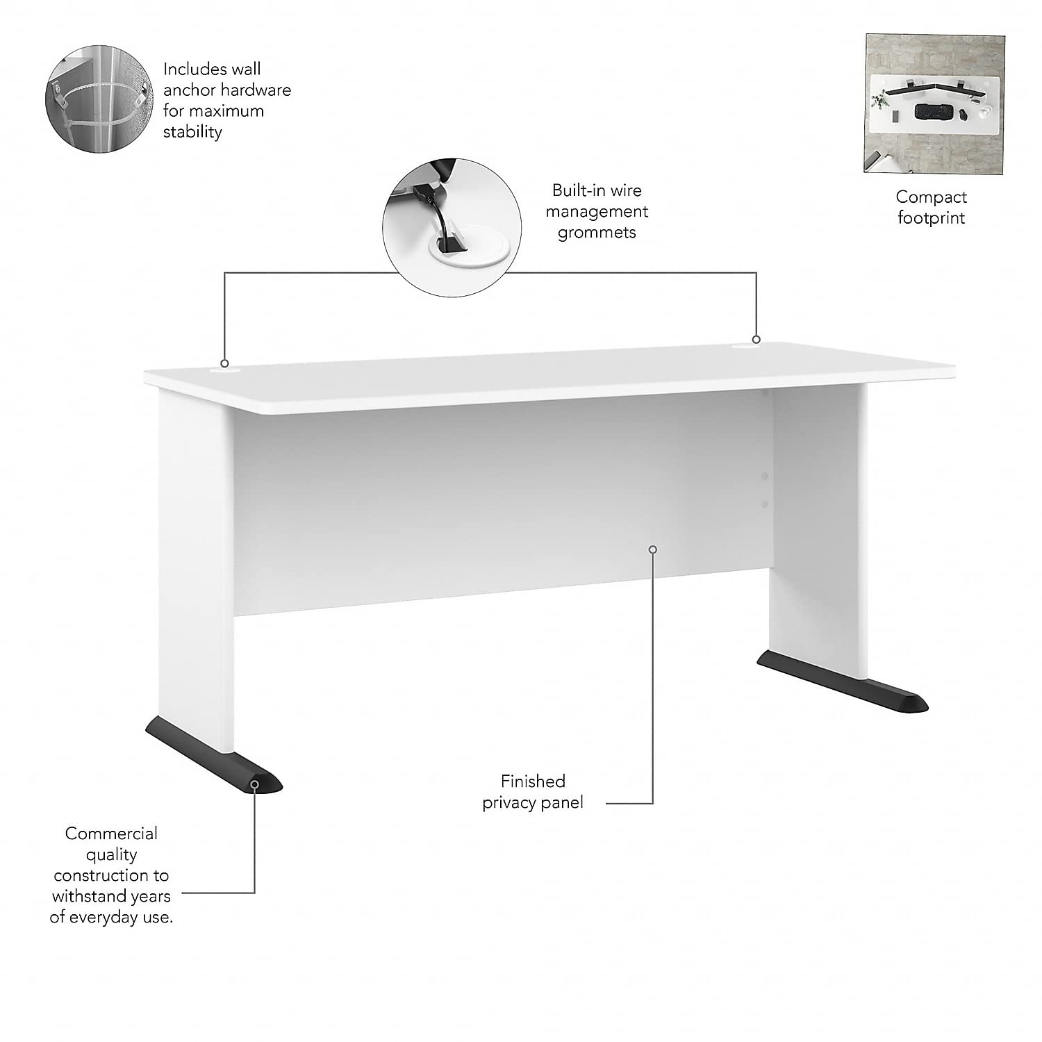 Bush Business Furniture Studio A 60W White Gaming Desk - Ergonomic Computer Desk for Home Office, Gaming Setup & Workspace