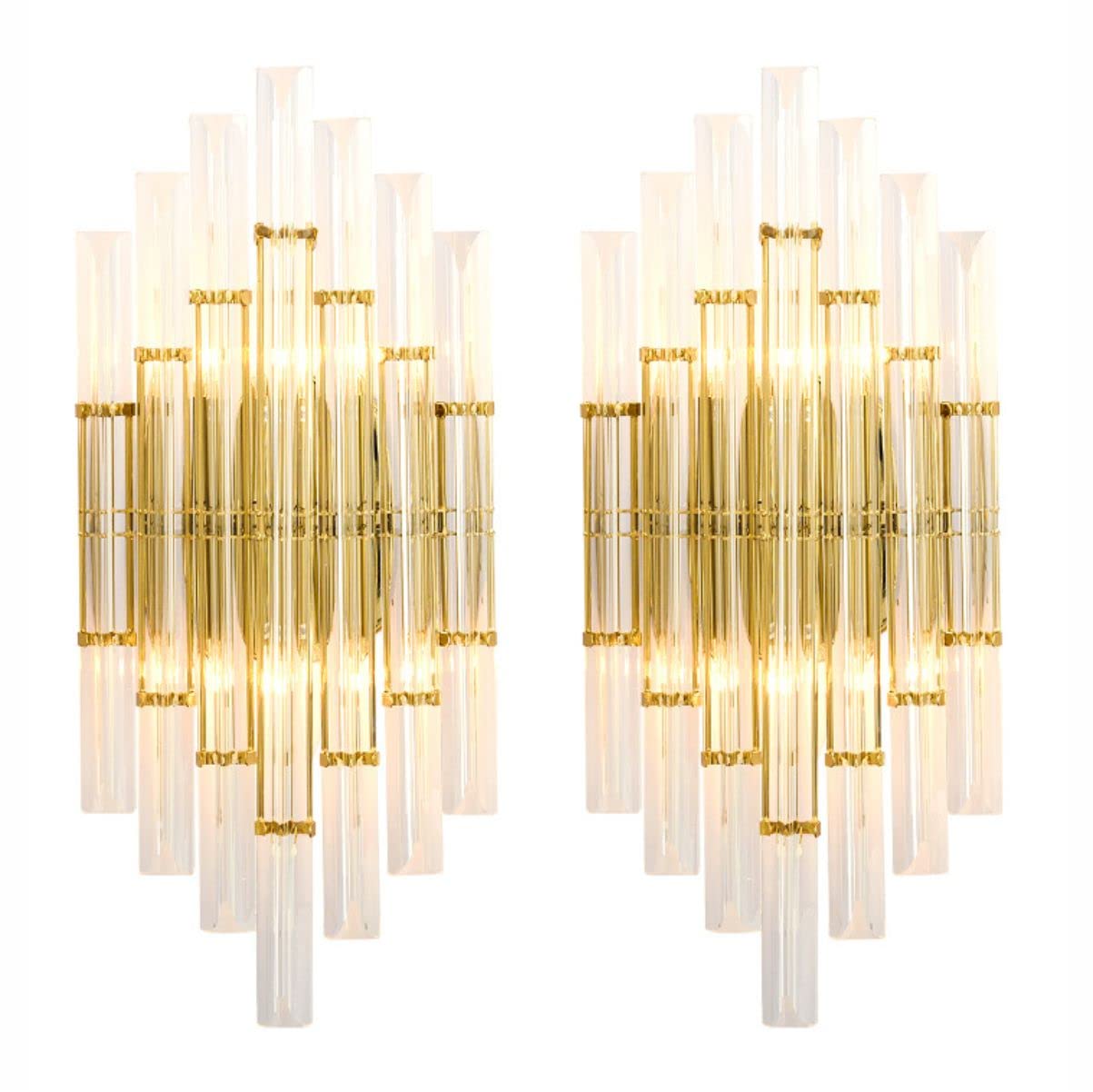 KCO Lighting Modern Crystal Wall Sconce Set of 2 - Gold Metal Wall Mounted Light Fixture with Clear Crystals for Bedroom, Living Room, Dining Room - Elegant Home Decor Lighting for Hallway, Entryway, and Interior Design (Gold-2PC)