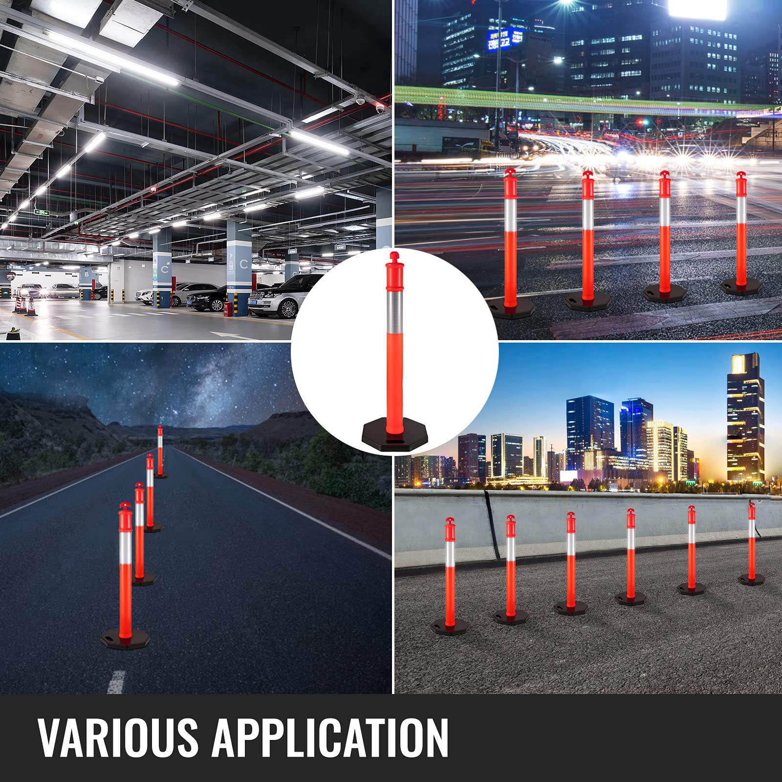 VEVOR 12-Pack 44-Inch Traffic Delineator Posts with 10-Inch Reflective Bands & 16-Inch Rubber Base - Heavy Duty Channelizer Cones for Construction Sites, Parking Lots, Road Safety, and Facility Management
