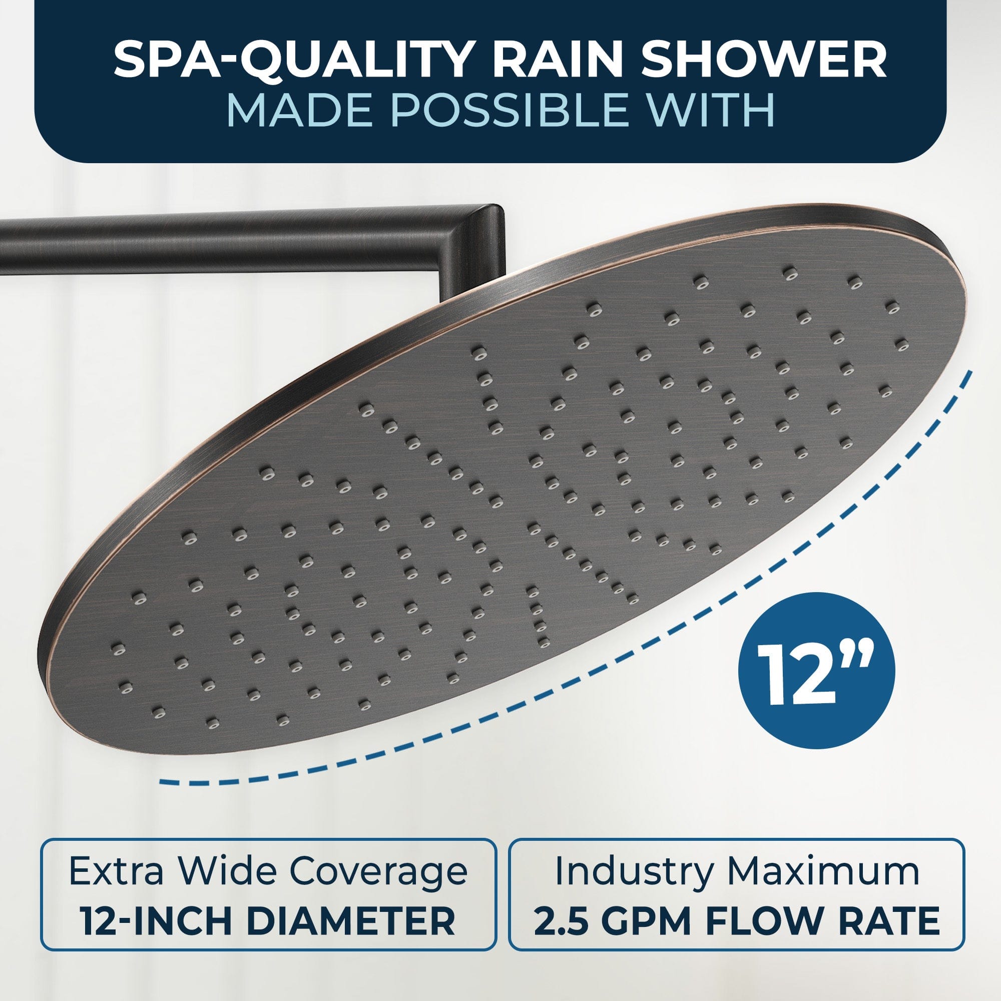 Premium 12 Inch All-Metal Rain Shower Head - 2.5 GPM High Pressure Rainfall Showerhead - Luxury Bathroom Upgrade for Spa-Like Experience in Master Bath & Guest Rooms