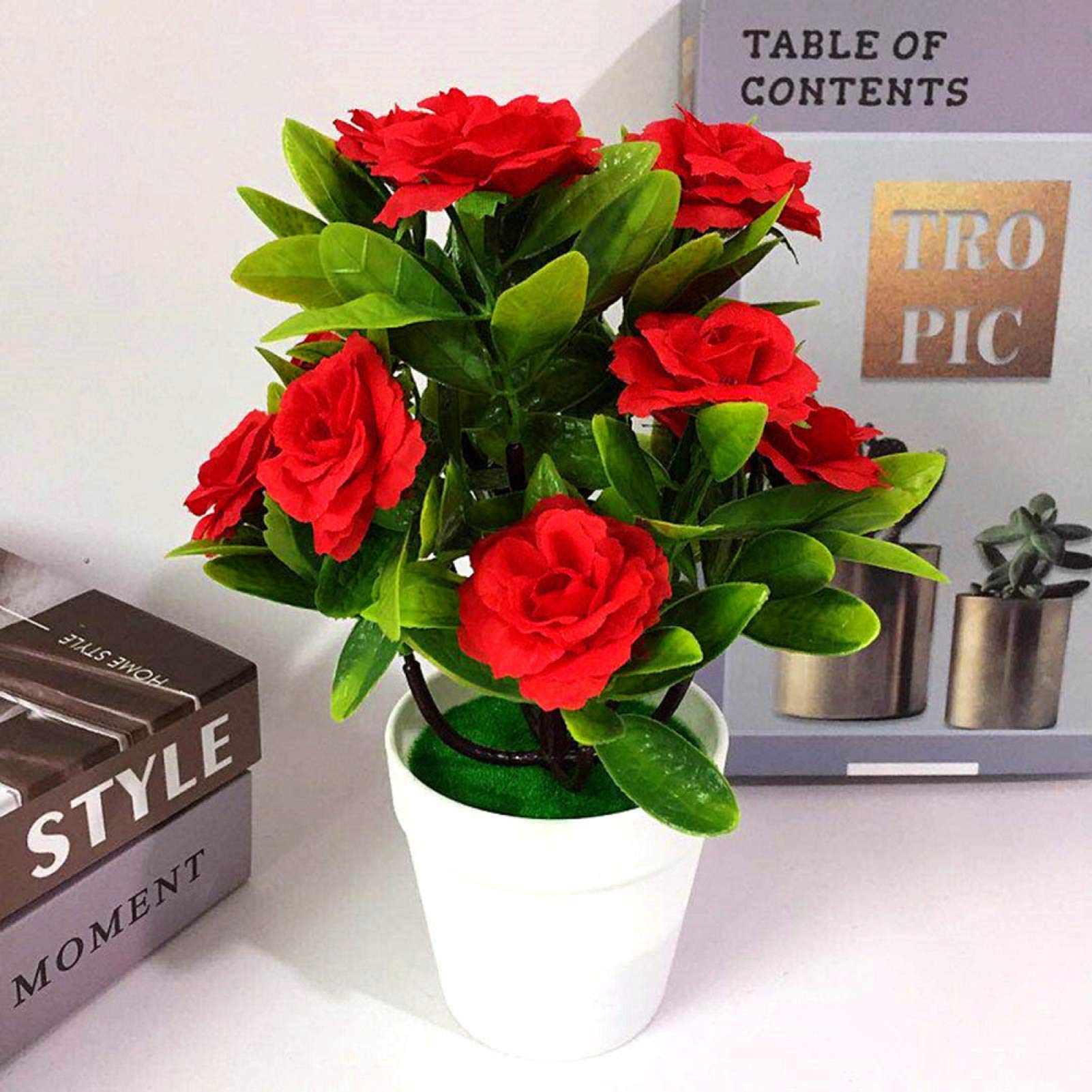 Walbest Artificial Plants & Fake Flowers - 1 Set Artificial Pine Tree & Rose Potted Bonsai for Home, Office, Garden Decor (Red) | Perfect for Living Room Centerpiece, Desk Decor & Outdoor Landscaping