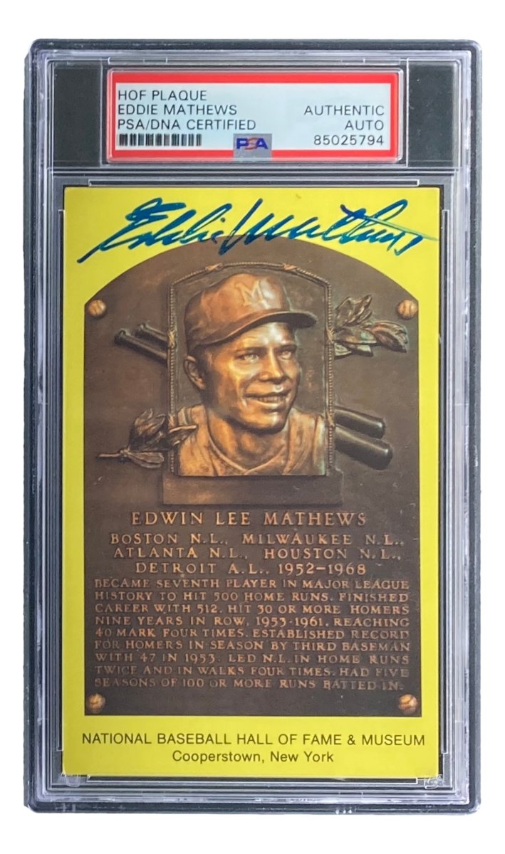 Authentic Eddie Mathews Signed 4x6 Milwaukee Braves HOF Plaque Card - PSA/DNA Certified #85025794 - Perfect for Baseball Memorabilia Collections & Sports Fan Gifts