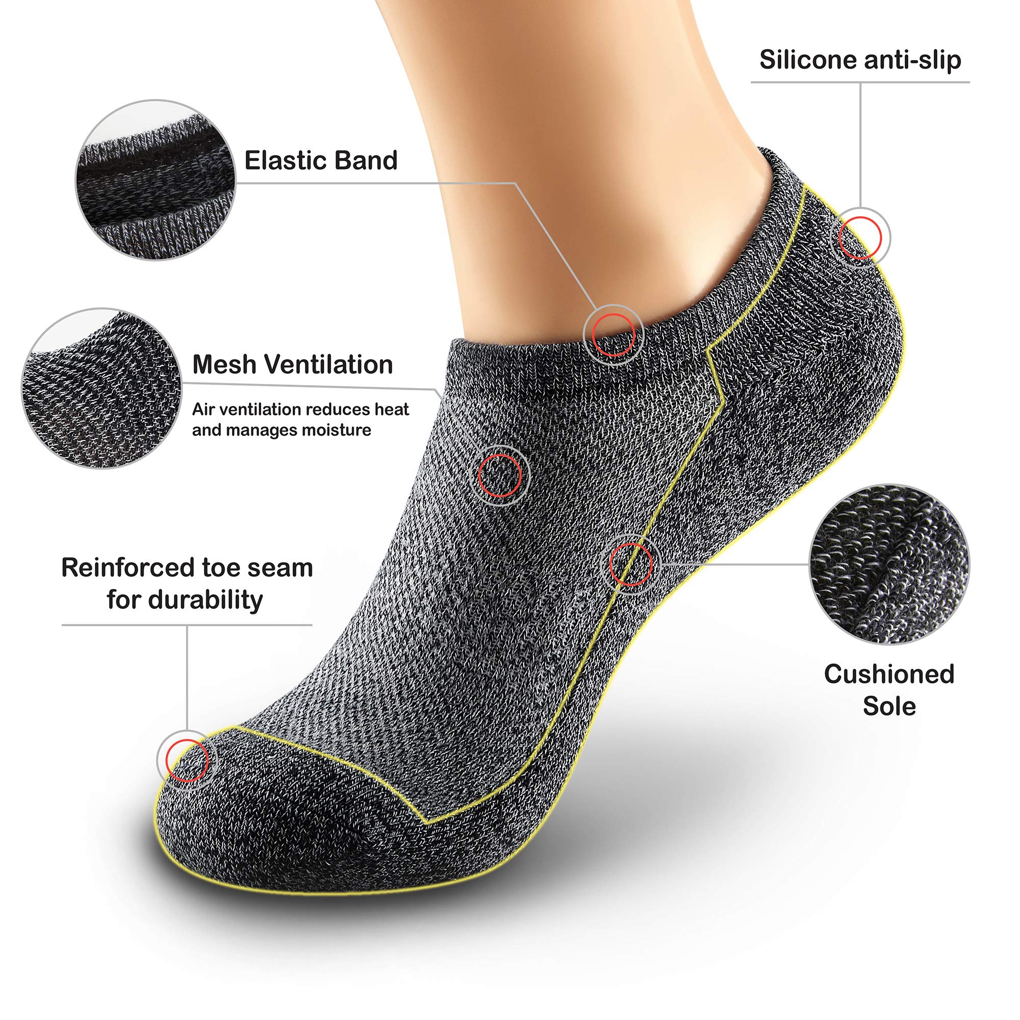 MONFOOT Men's/Women's 5 Pairs Cushion No Show Non-Slip Socks Multipack - Breathable Invisible Liner Socks for Running, Sneakers & Casual Wear