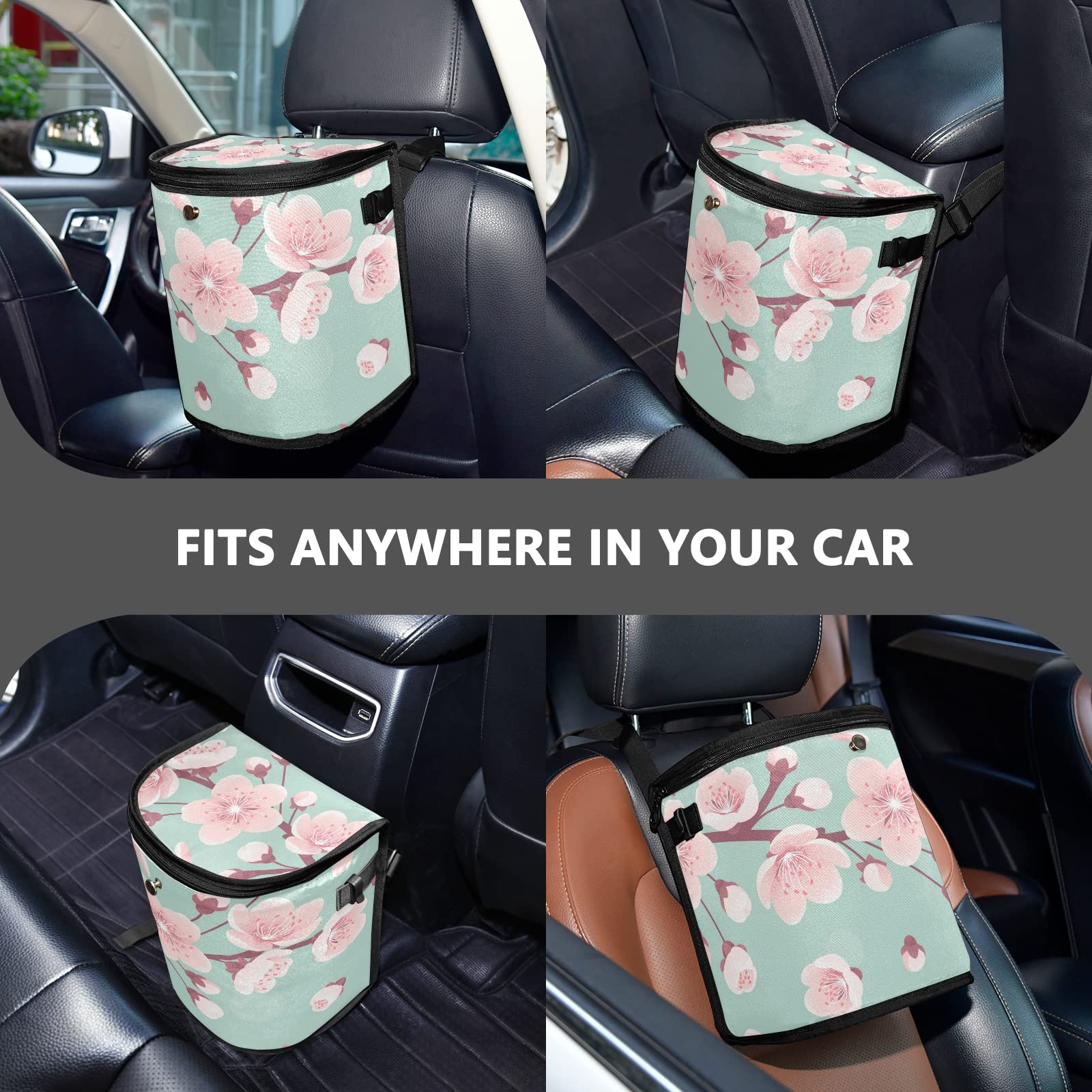 Pink Cherry Blossom Car Trash Can - Leak Proof Hanging Garbage Bin with Lid, Waterproof Storage Bag for Truck & Minivan | Spring Floral Design with Falling Petals on Turquoise Background | Perfect for Road Trips, Commuting & Keeping Your Vehicle Clean