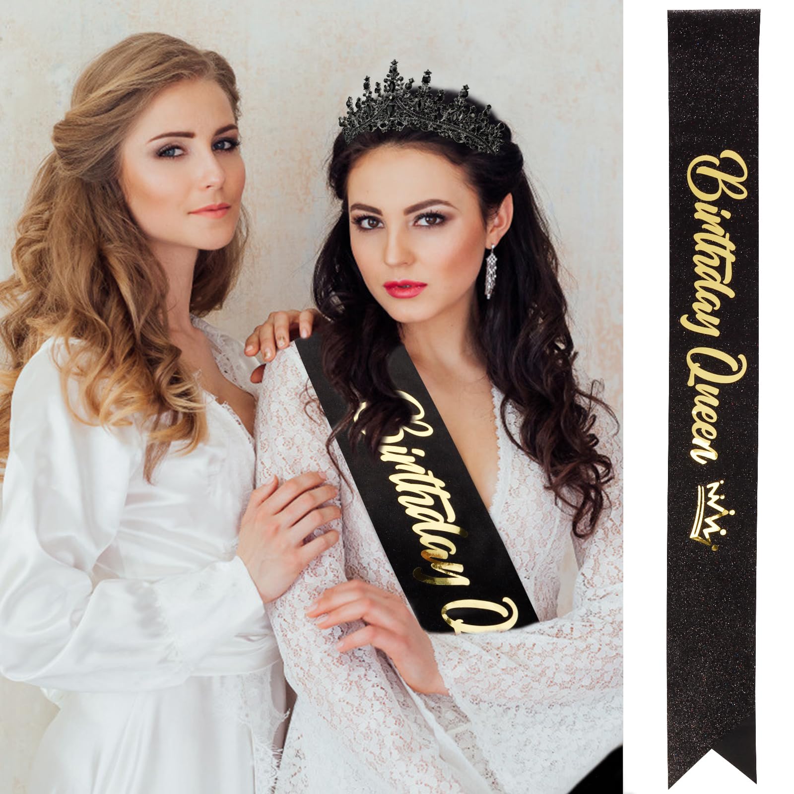 VELSCRUN Black Crystal Birthday Queen Tiara Crown for Women & Girls - Elegant Princess Headband with Sash for Birthday Parties, Gifts for Mom & Sisters - Perfect for Birthday Celebrations, Bridal Showers & Special Events