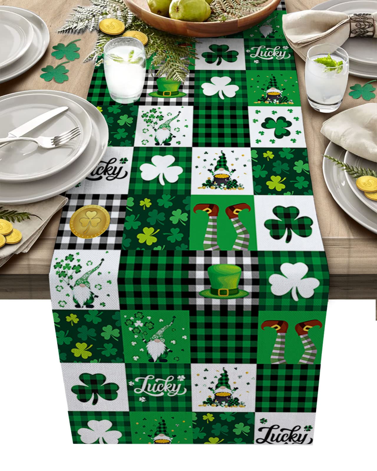 St. Patrick's Day Lucky Clover Table Runner - 72 Inch Irish Green Plaid Cotton Linen Tablecloth for Parties, Weddings & Home Decor | Perfect for Dining Tables, Coffee Tables & Dressers