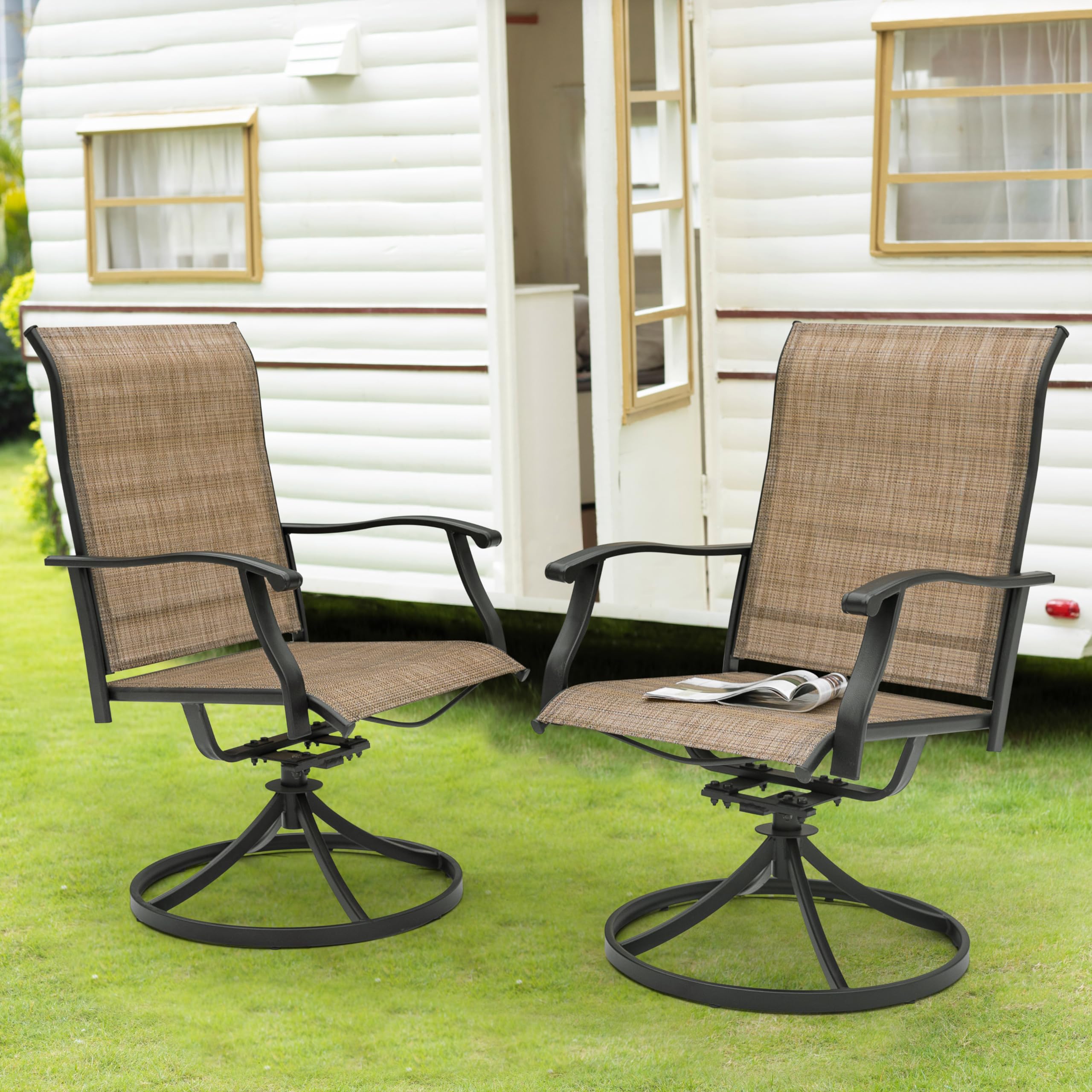 NUU GARDEN Patio Dining Chairs Set of 4 & Swivel Sling Chairs Set of 2 - All-Weather Textilene Outdoor Furniture with Iron Frame for Backyard, Lawn, Garden - Perfect for Poolside Lounging, Outdoor Dining and Patio Relaxation (Brown)