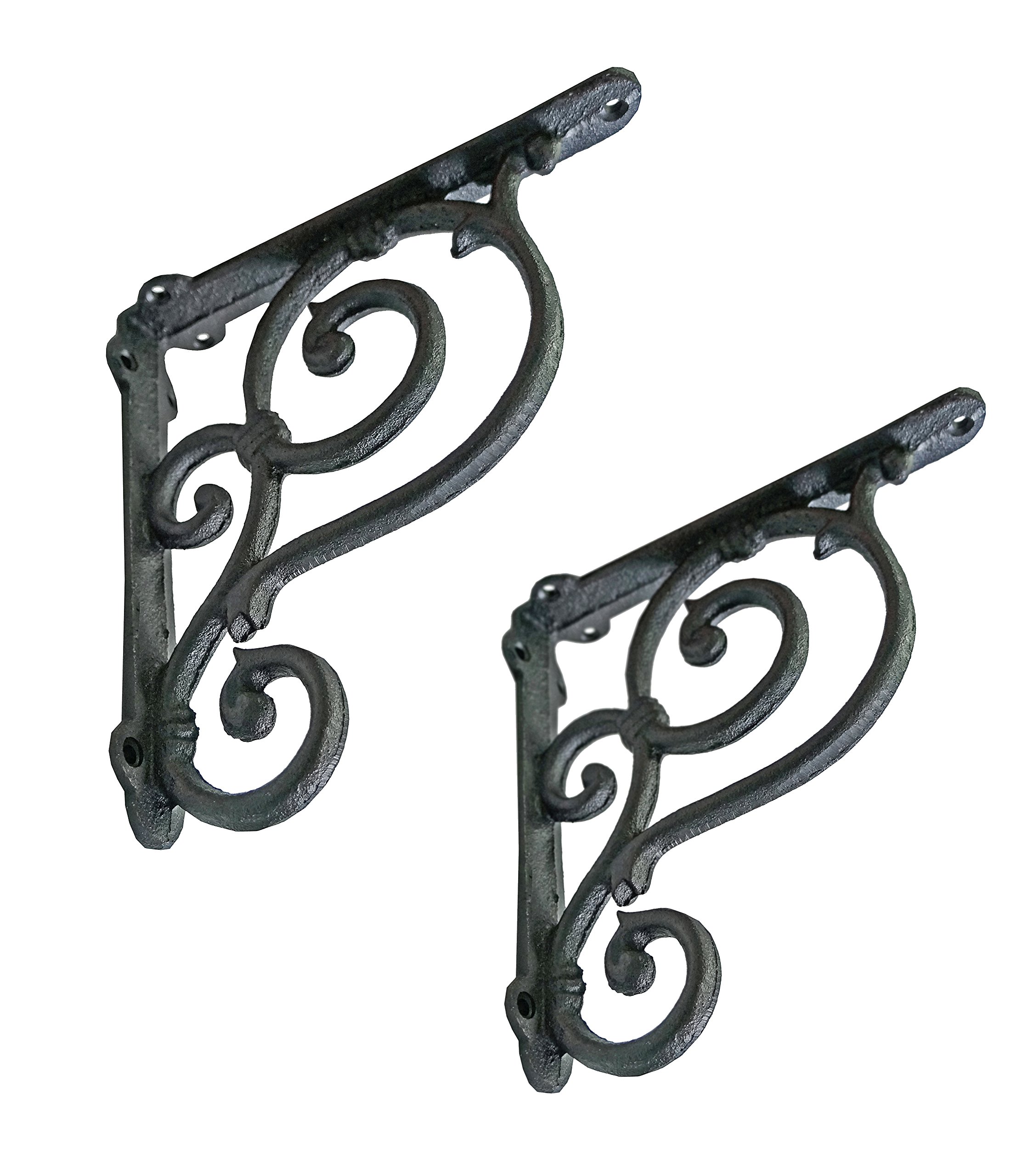 Decorative Cast Iron Shelf Brackets - 2 Pack Black Scroll Design Wall Mount Brackets (7.5