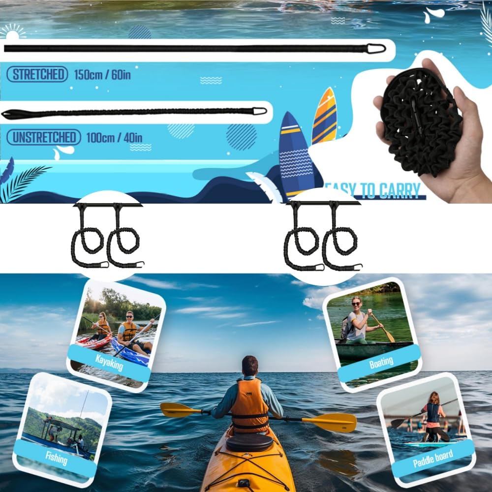 2PCS Stretchable Coiled Kayak Paddle Leash & Rod Lanyard - Durable Kayak Accessories for Paddles, Fishing Rods, and Gear - Perfect for Kayaking, Canoeing, and Water Sports Adventures