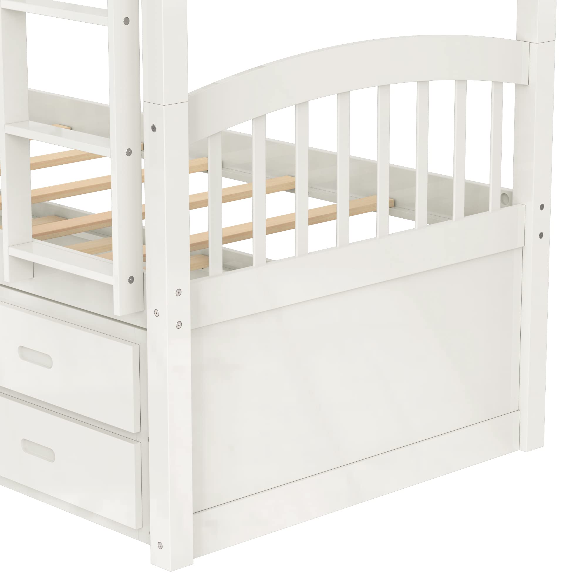 Harper & Bright Designs Solid Wood Twin Over Twin Bunk Bed with Trundle - 3 Storage Drawers, Safety Rail, Convertible to 2 Beds - No Box Spring Needed (White) | Perfect for Kids' Bedroom, Guest Room & Space-Saving Solutions