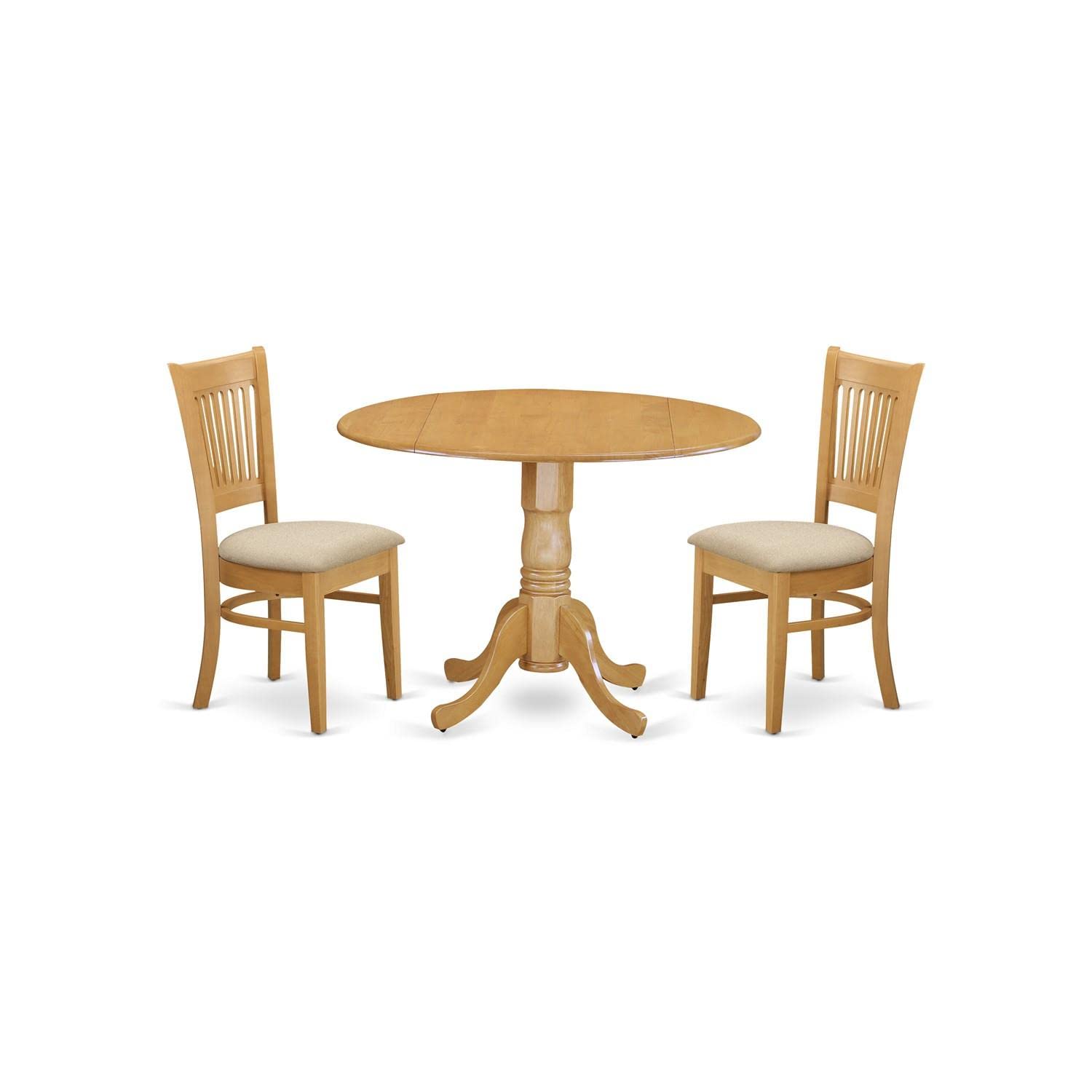 East West Furniture DLVA3-OAK-C 3-Piece Oak Dining Set with Round Drop-Leaf Table & 2 Upholstered Chairs, 42x42 Inch - Perfect for Small Spaces, Breakfast Nooks & Cozy Apartments