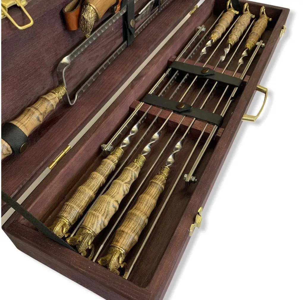 Premium Argali BBQ Skewers Set - 11-Piece Stainless Steel Grilling Accessories in Elegant Wooden Case | Perfect for Backyard Barbecues, Camping & Outdoor Cooking