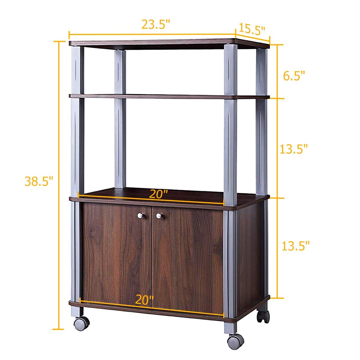 3-Tier Rolling Microwave Stand with Utility Shelves - Multifunctional Kitchen Baker’s Rack, Spice Organizer & Storage Cart for Home, Dining Room or Commercial Use (Brown) | Perfect for Small Spaces, Apartment Kitchens & Restaurant Prep Stations