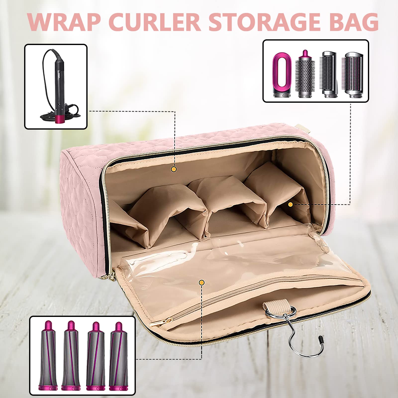 Dyson Airwrap Travel Storage Bag - Compatible with Airwrap Hair Styler & All Attachments, Pink Organizer Case with Hanging Hook & 4 Clips | Perfect for Travel, Home Storage & Salon Use