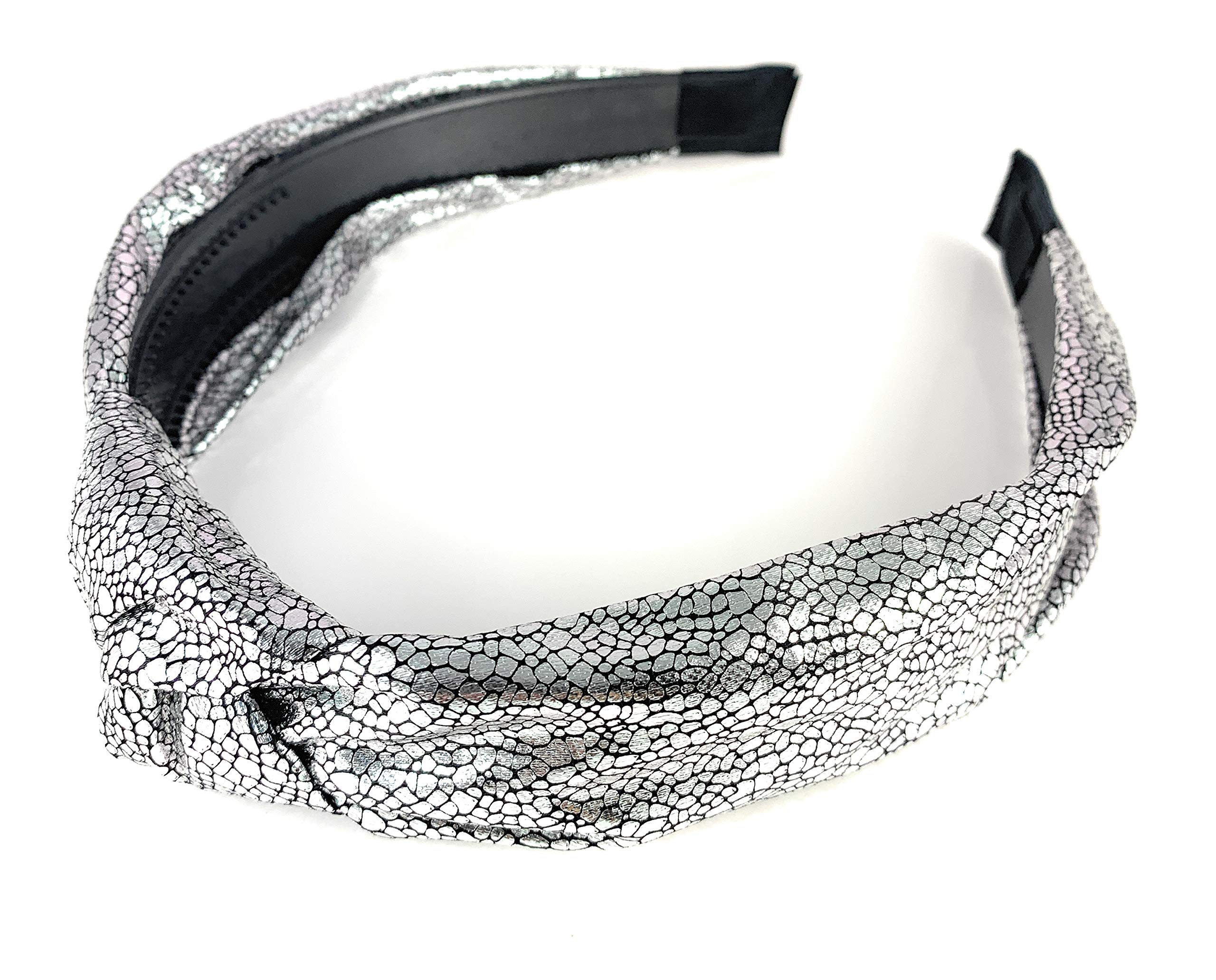 Silver & Black Shiny Turban Knot Headband - Lamé Fabric with Grip Teeth for Women's Hair Styling | Perfect for Parties, Weddings, and Everyday Fashion