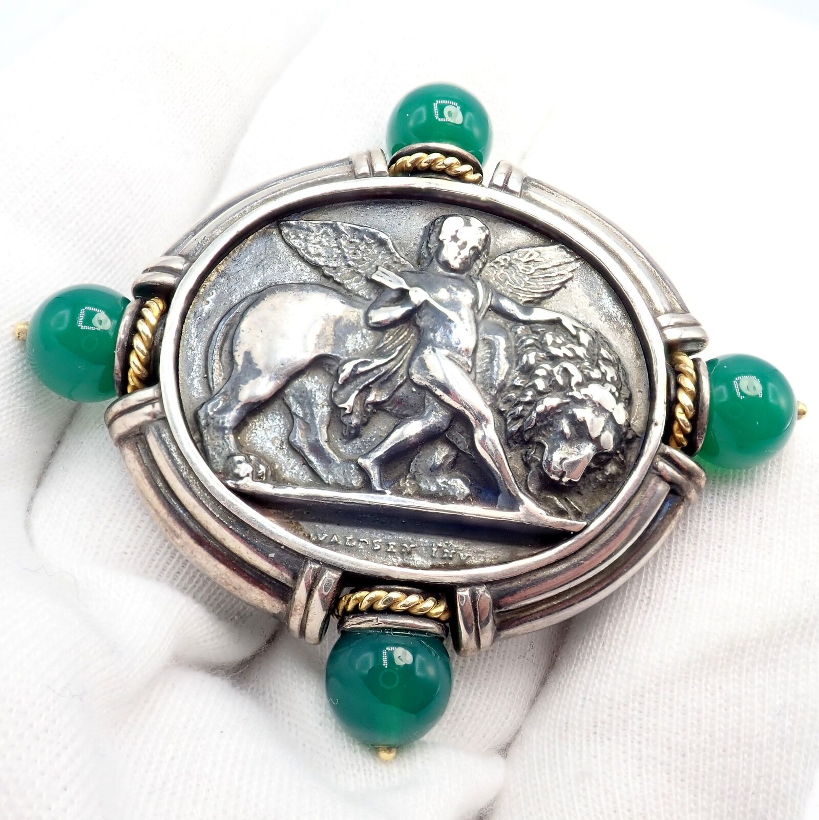 Authentic 18k Yellow Gold & Silver Large Medallion Chrysoprase Brooch - SeidenGang Vintage Jewelry for Women, Perfect for Weddings, Parties & Special Occasions