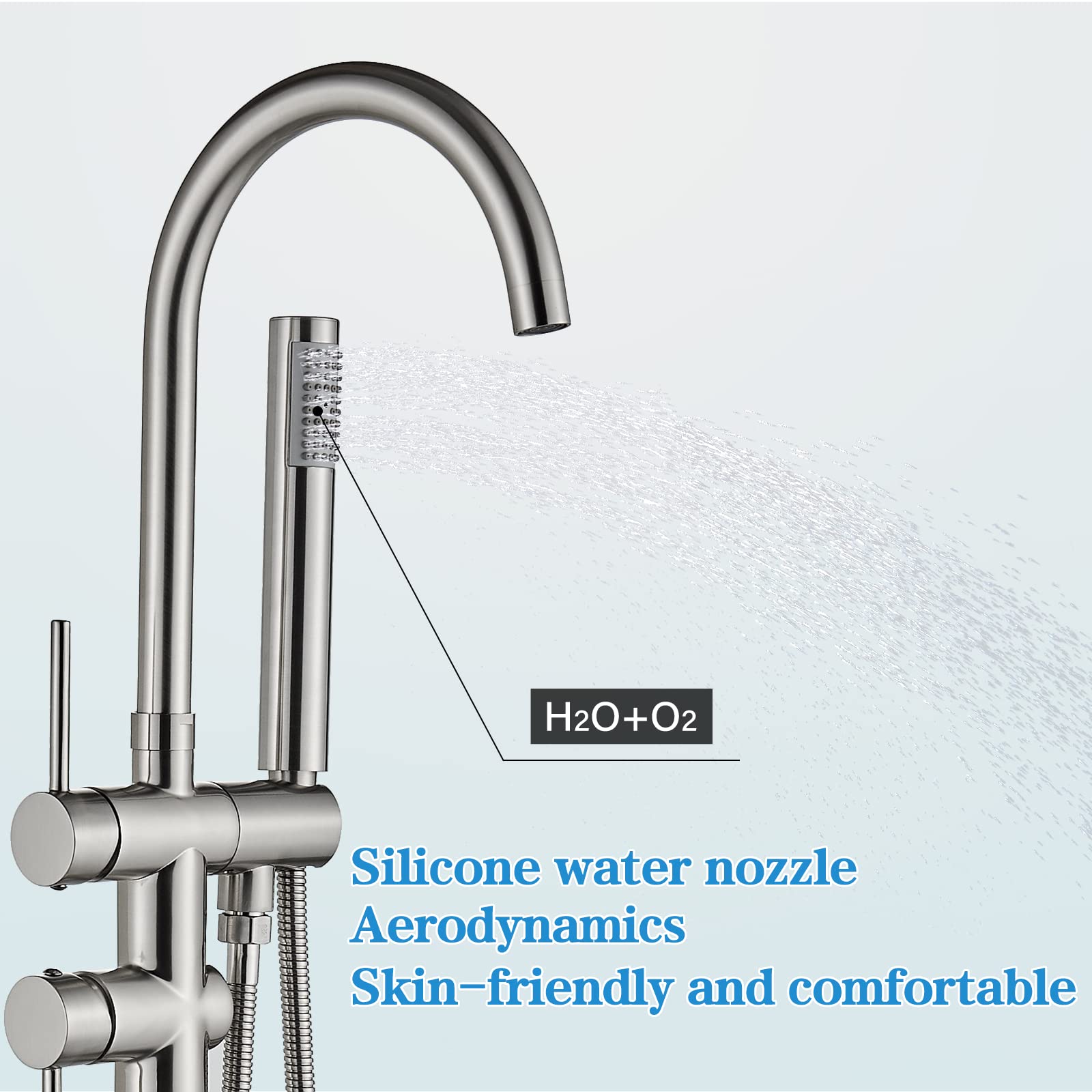 YAGATAP Freestanding Bathtub Faucet - Floor Mount Tub Filler with Handheld Shower Mixer in Brushed Nickel - High Flow Shower Faucet with Swivel Spout for Modern Bathroom Luxury | Perfect for Spa-Like Relaxation and Elegant Bathroom Upgrades