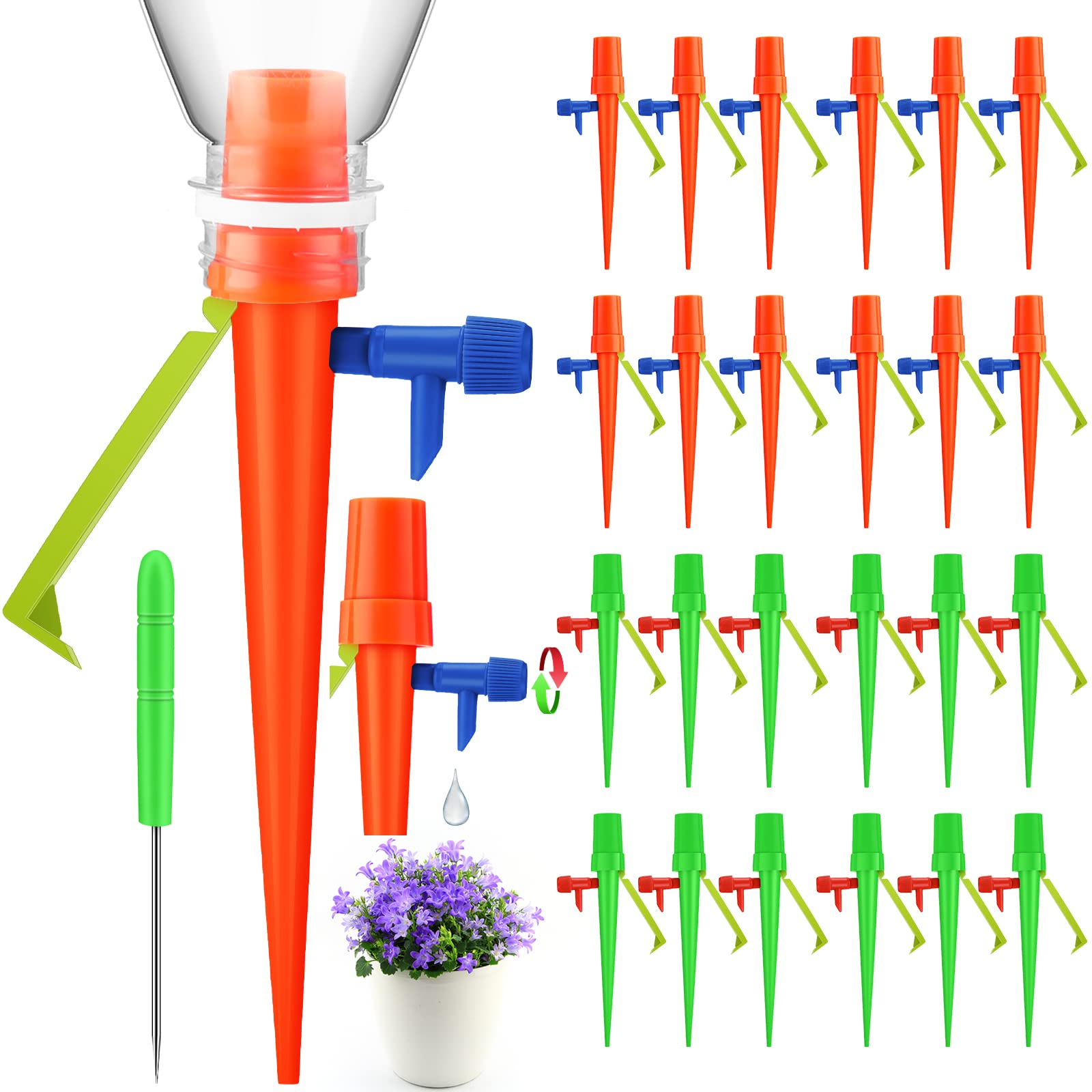 24 Pack Self-Watering Plant Spikes - Automatic Drip Irrigation System with Slow Release Valve for Outdoor Plants | Perfect for Vacation Care, Garden Pots, Hanging Baskets & Indoor Houseplants
