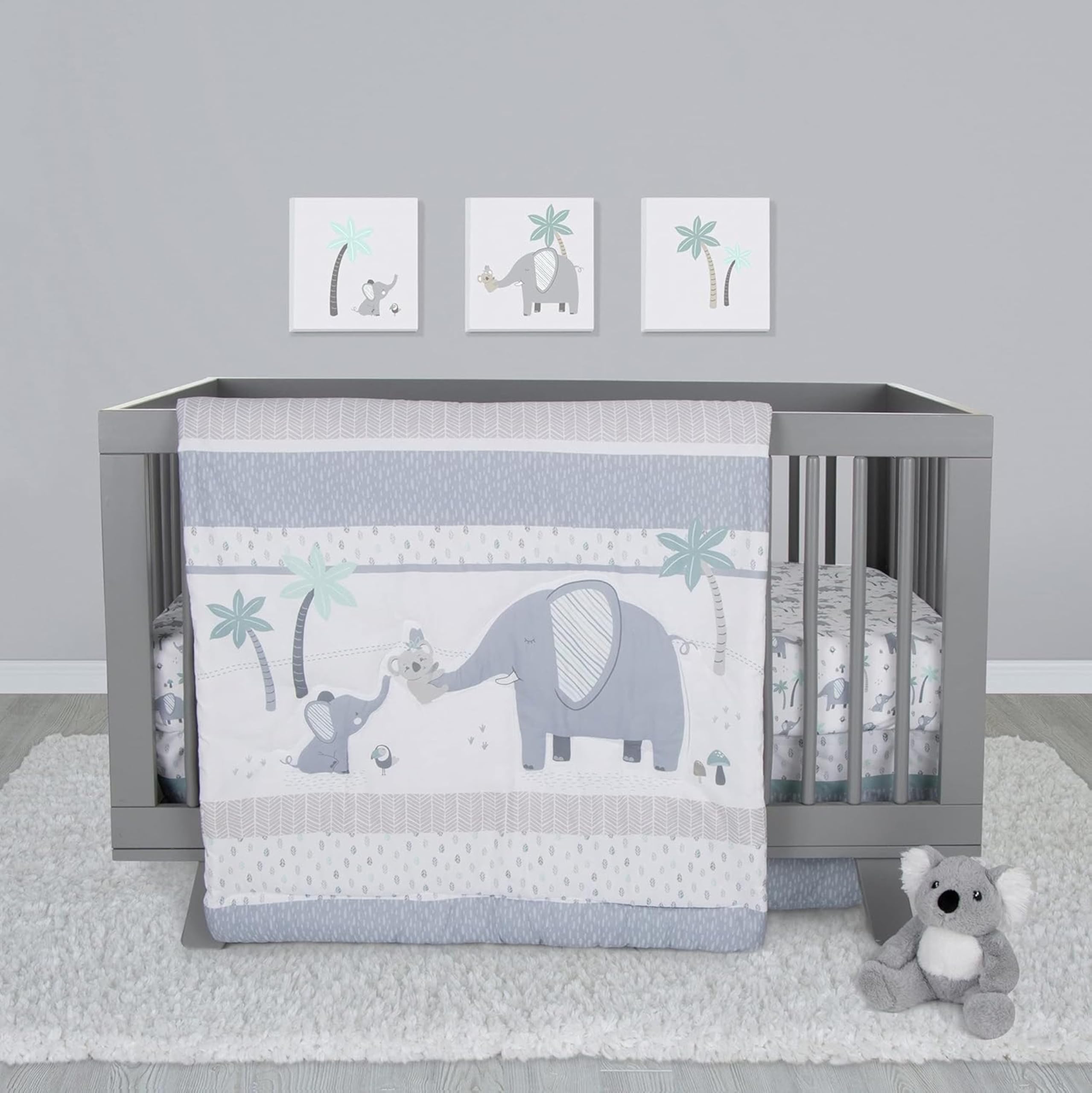 Sammy & Lou Ellie & Friends 4-Piece Baby Crib Bedding Set - Soft Neutral Quilt, Fitted Crib Sheets, Crib Skirt & Plush Toy | Nursery Essentials for Newborns & Toddlers | Perfect for Gender-Neutral Nursery Decor & Baby Shower Gifts