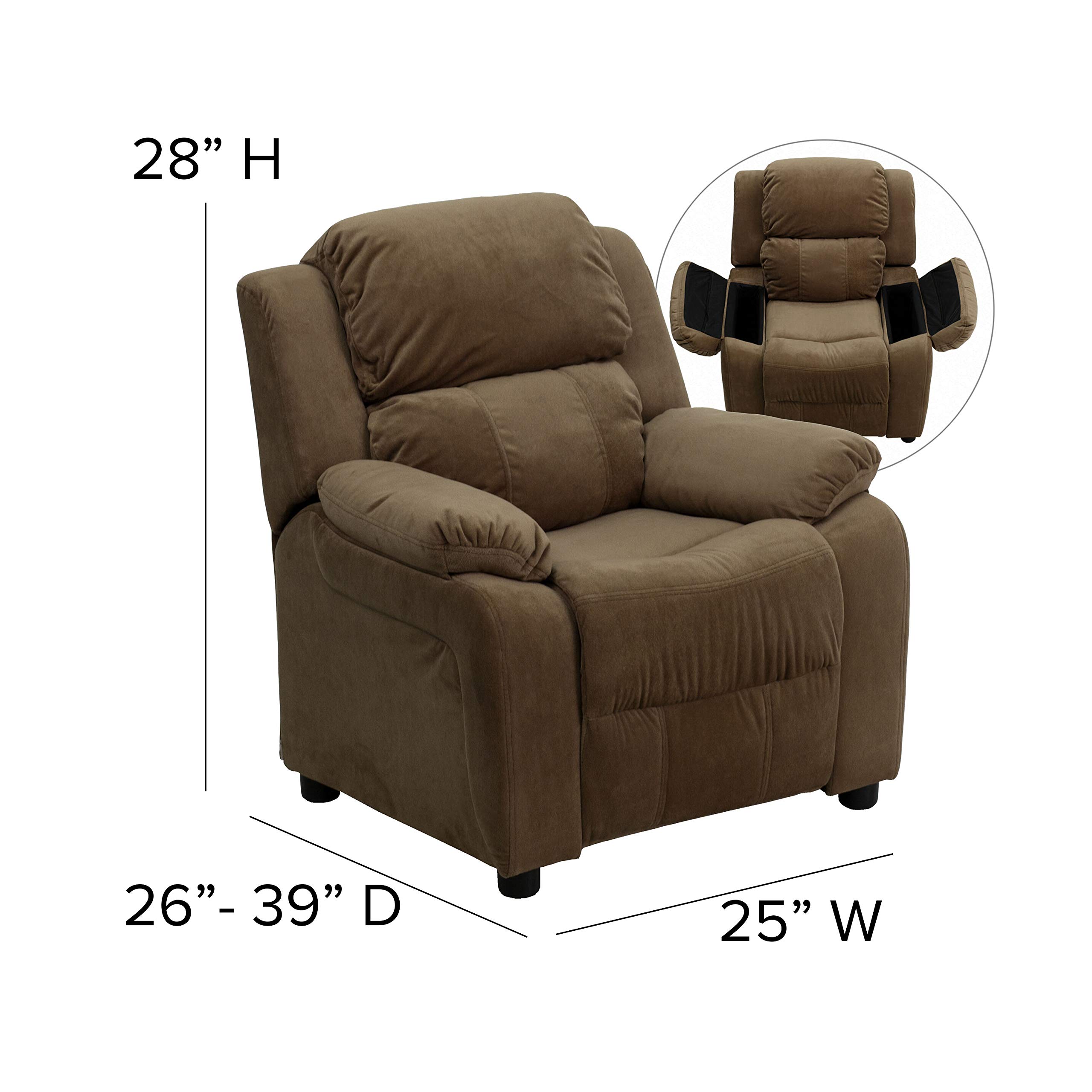 EMMA + OLIVER Deluxe Padded Brown Microfiber Kids Recliner Chair with Storage Arms - Comfortable Children's Lounge Chair for Bedroom, Playroom & Movie Nights