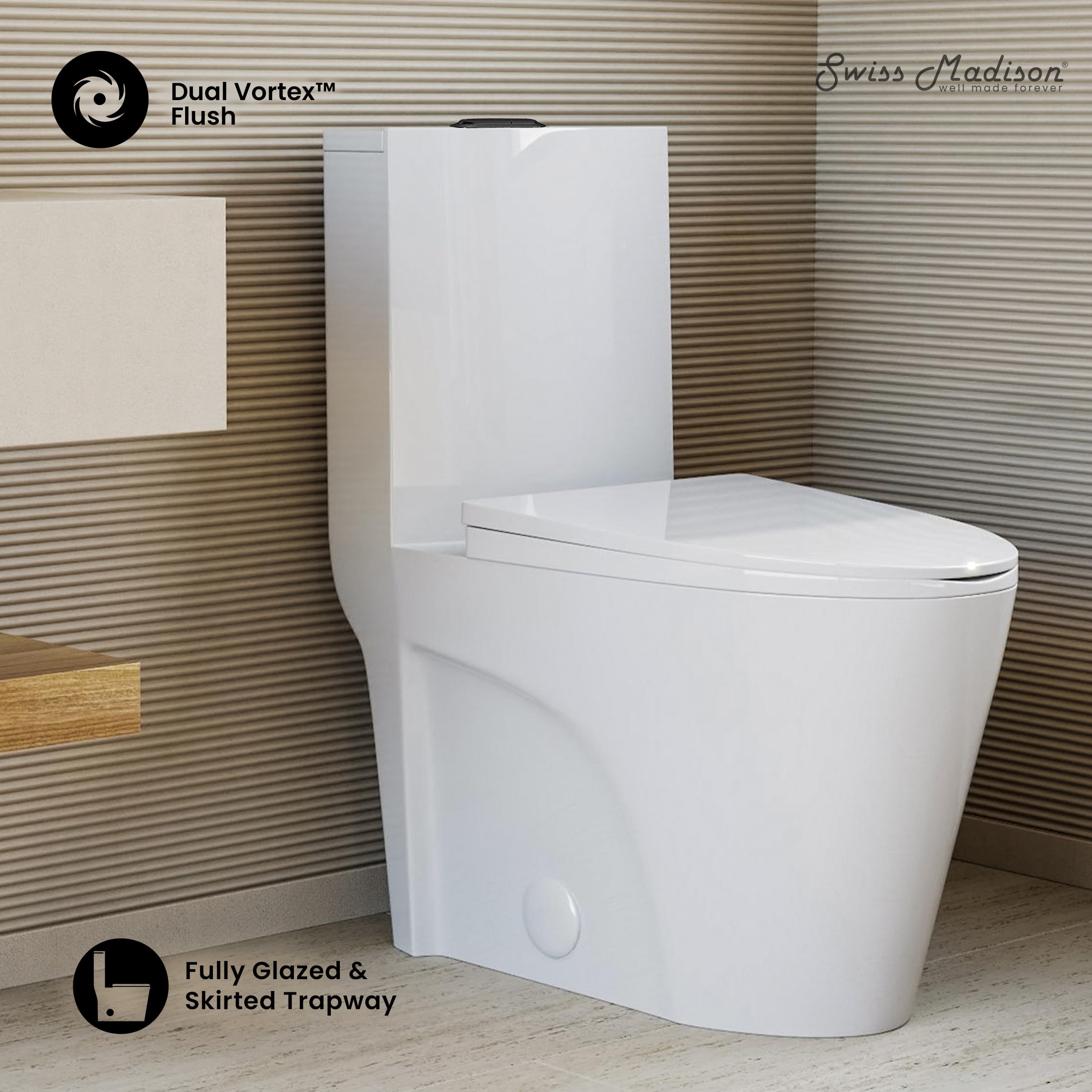 Swiss Madison St. Tropez SM-1T254HB Elongated One-Piece Toilet with Vortex Dual-Flush 1.1/1.6 GPF, Comfort Height Chair Seat, ADA Compliant, Glossy White Finish & Black Hardware - Perfect for Modern Bathrooms & Water-Efficient Homes