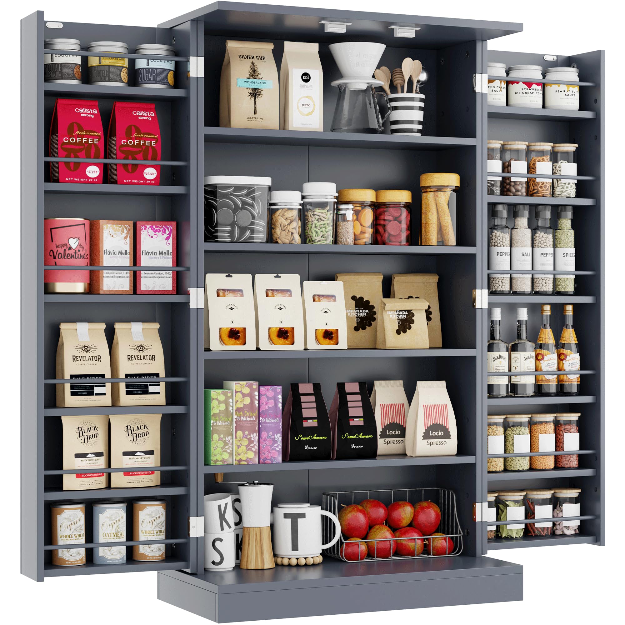 HOME BI Kitchen Pantry Cabinet - Grey Storage Cupboard with Doors & Adjustable Shelves for Kitchen, Dining Room & Living Room - Perfect for Organizing Spices, Dishes & Home Essentials