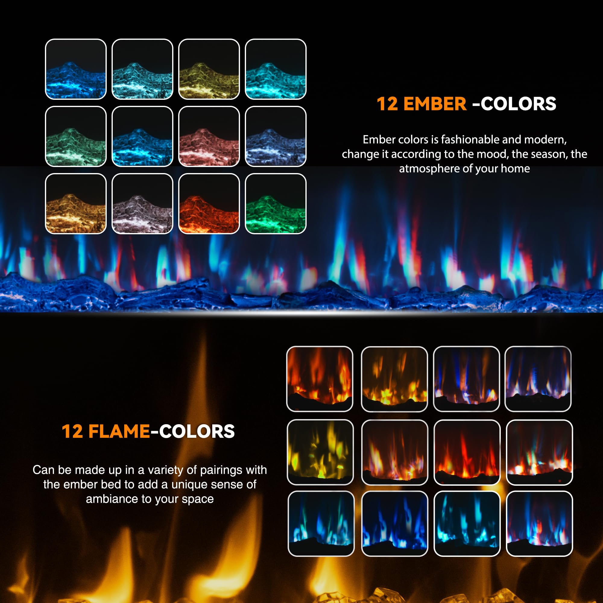 50 Inch Electric Fireplace - Recessed In-Wall & Wall Mounted with Remote Control, 750W/1500W Thin Wall Heater (60-99°F Thermostat) - 12 Adjustable Flame Colors, Timer & Log Set - Perfect for Living Room, Bedroom & Office Warmth & Ambiance
