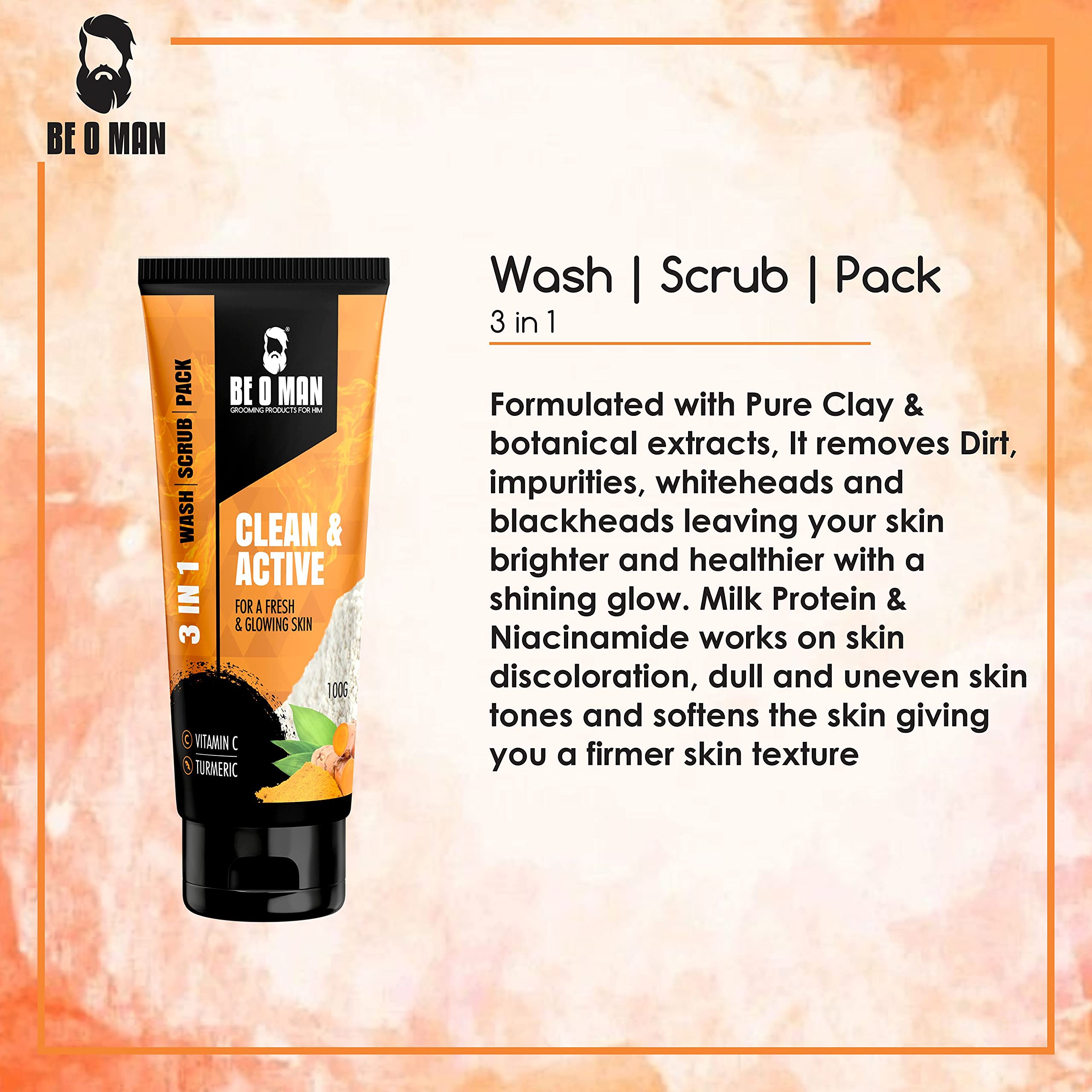 Beoman 3-in-1 Face Wash Scrub & Mask for Men - Vitamin C, Turmeric & Charcoal Cleanser (100g) | Deep Pore Cleansing, Exfoliating & Brightening | Removes Dirt, Oil & Impurities for Healthier Glowing Skin | Perfect for Daily Skincare & Post-Workout Refresh