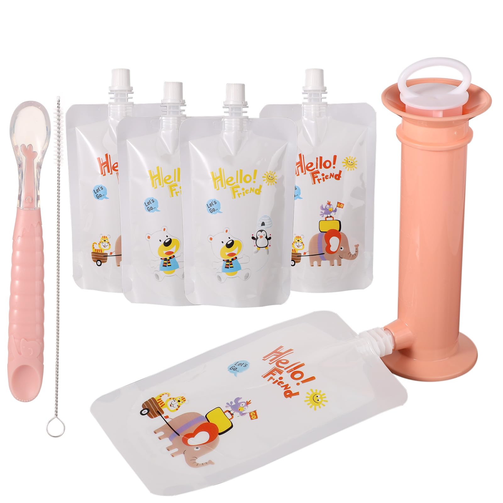 Organic Baby Food Pouches Filler Kit - Reusable & Refillable Baby Feeding Pouches with Filling Machine, Spoon & Cleaning Brush | Eco-Friendly Toddler Food Storage Solution for Homemade Purees, Snacks On-The-Go (Pink) | Perfect for Daycare, Travel & Mess-Free Feeding