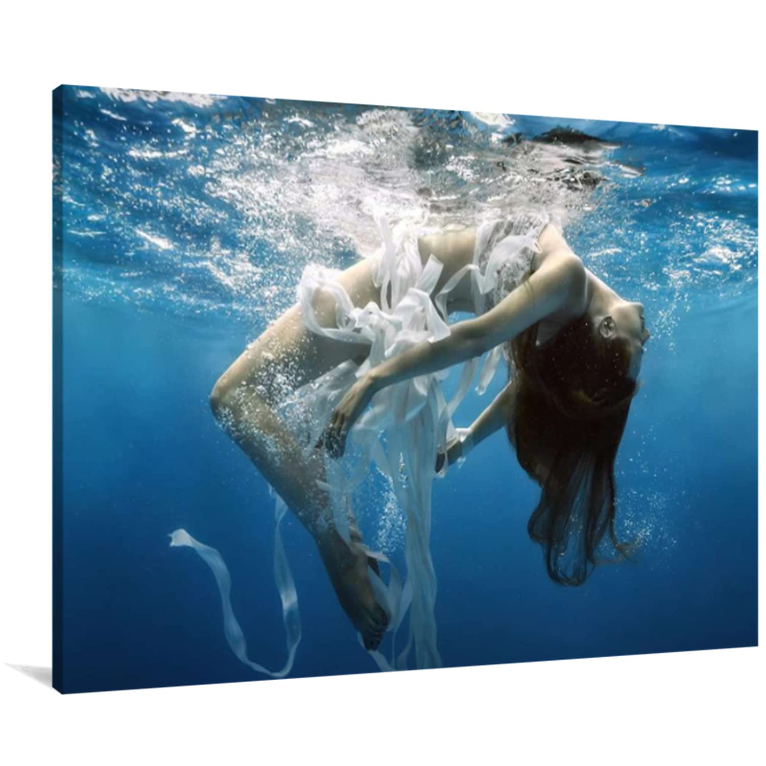 Falling Into The Water Canvas Wall Art - Underwater Women Painting Framed Ready to Hang - 12x18 Inch Home Decor for Living Room, Bedroom, Bathroom & Office - Perfect for Modern & Coastal Interior Design