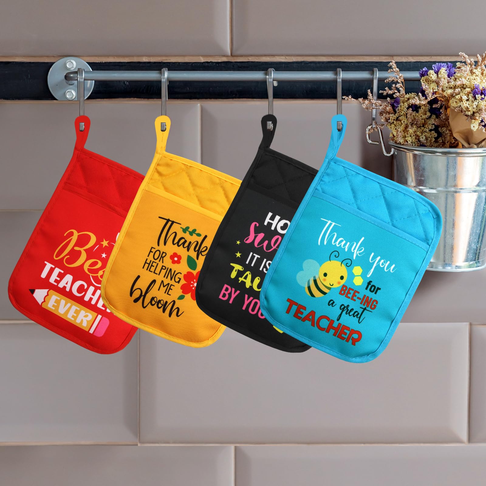 4PCS Christmas Themed Pot Holders with Pockets - Heat Resistant Oven Mitts for Cooking & Baking - Perfect Teacher Appreciation Gift for Christmas, Graduation, Retirement - Ideal for Holiday Kitchen Decor & Gift Giving
