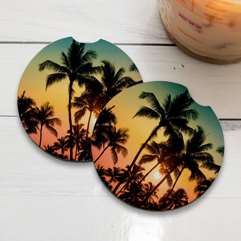 Palm Tree Sunset Car Coasters Set of 2 - Absorbent Drink Coasters with Non-Slip Rubber Backing (2.56 Inch) - Perfect Car Accessories for Coffee, Soda & Water Cups - Great for Road Trips & Commuting