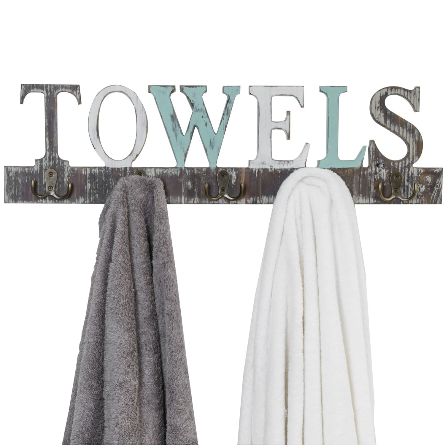 Rustic Wall Mounted Solid Wood Towel Rack with 5 Dual Hooks - Decorative Towel Cutout Design for Bathroom, Kitchen & Laundry Room - Perfect for Hand Towels, Aprons & Robes Organization