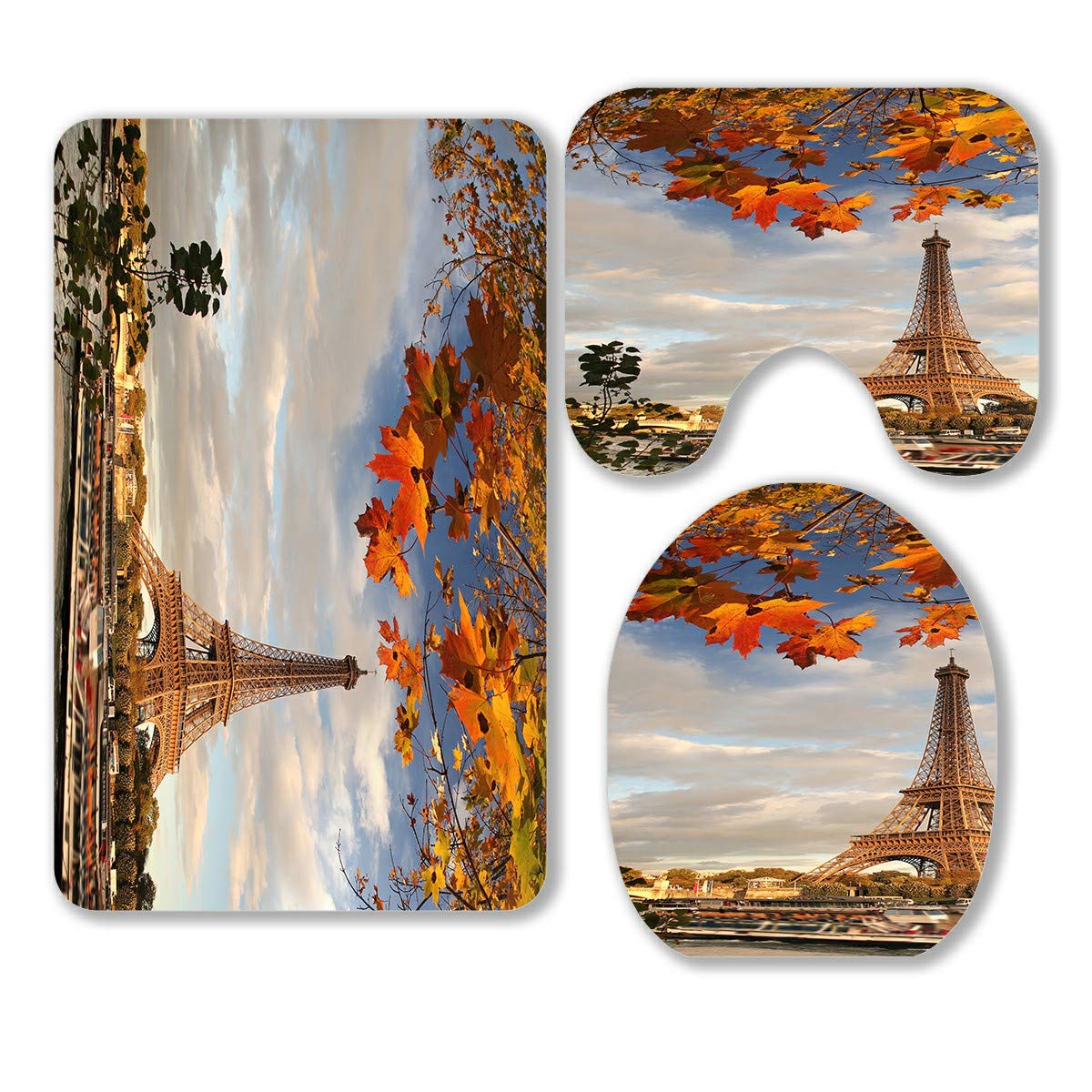 ECZJNT Paris France Eiffel Tower with Autumn Leaves 3-Piece Bathroom Rug Set - Non-Slip Bath Mat, Contour Mat & Toilet Lid Cover for Vintage Home Decor