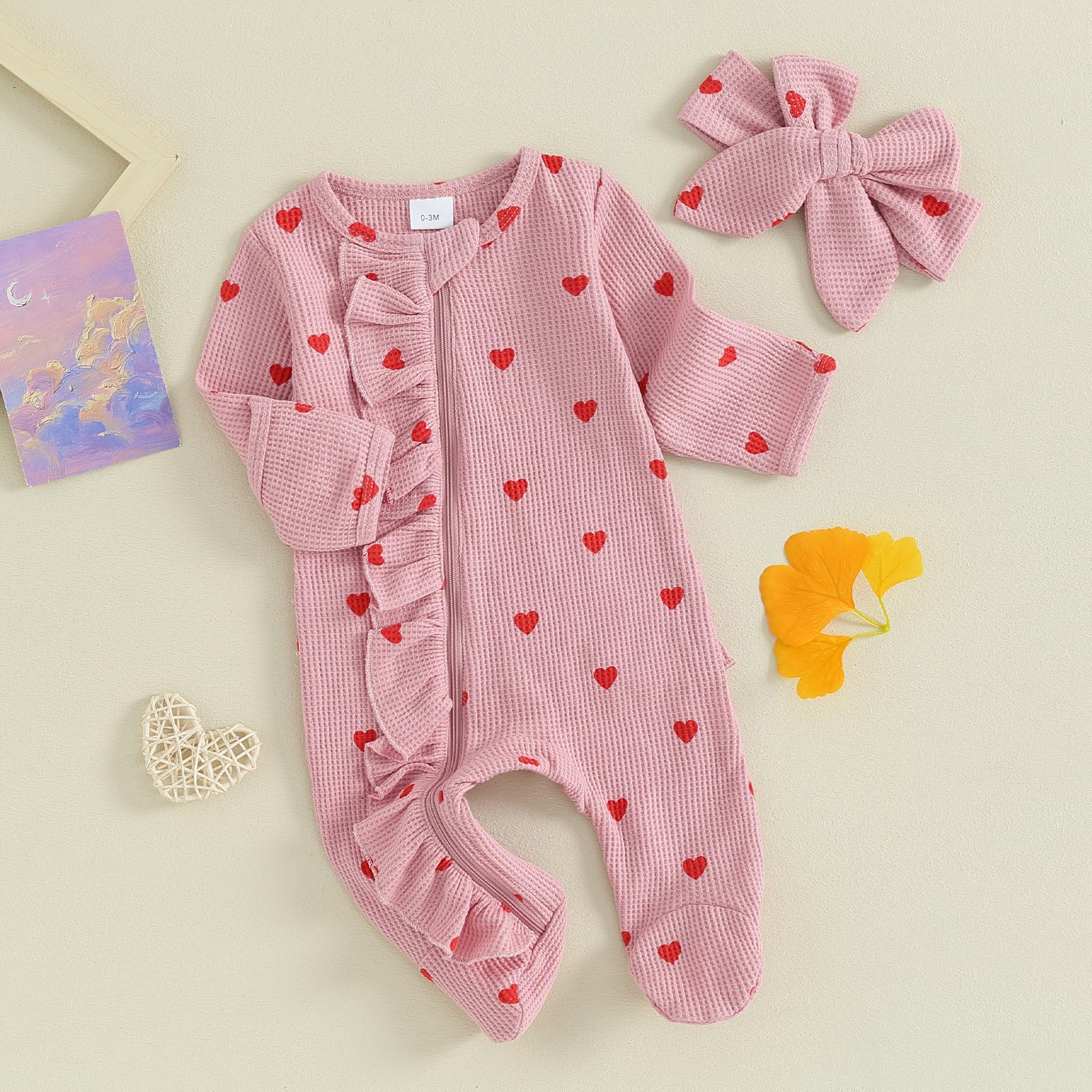 Valentine's Day Baby Girl Outfit - Heart Ruffle Long Sleeve Footie Romper & Headband Set | Newborn Photoshoot, Holiday Party, Family Gathering