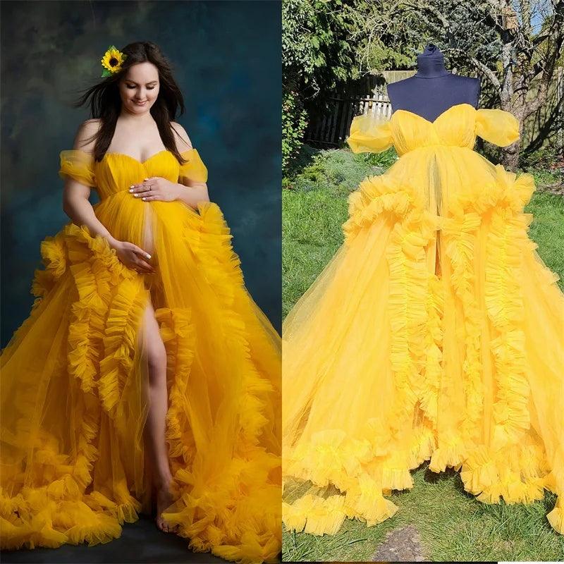 Elegant Ruffled Tulle Maternity Dress for Photoshoots | Puffy Mesh Sweetheart Neckline, Short Sleeves, Custom Made Prom Gown | Perfect for Maternity Photos, Baby Showers & Special Occasions